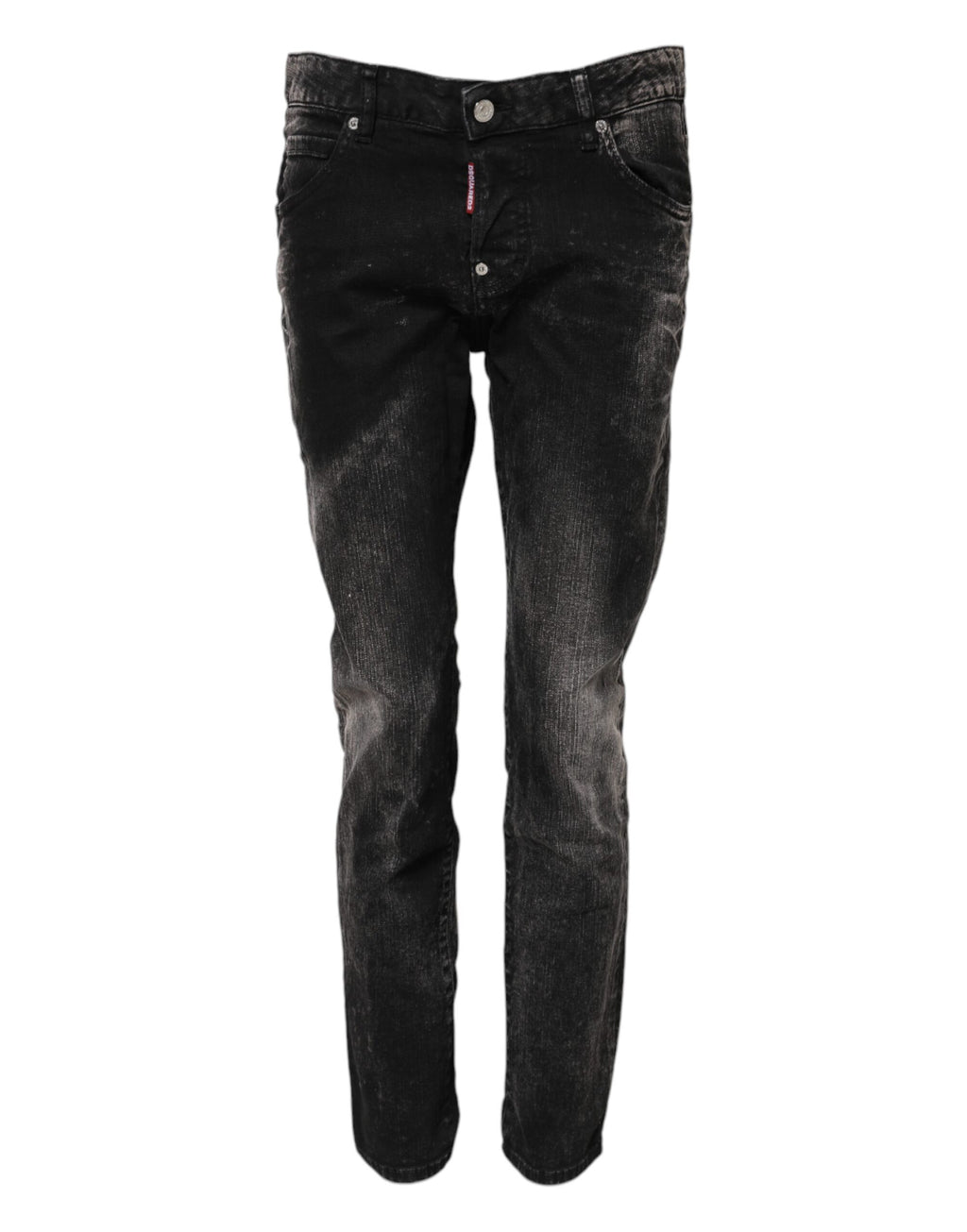 Jeans en denim noir délavé de coupe tapered à taille moyenne de la marque Dsquared², visibles sur l'image.