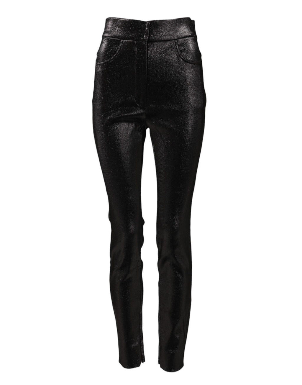 Pantalons en coton stretch noir Dolce & Gabbana avec fil lurex argent, ajustés et élégants, visibles en gros plan.