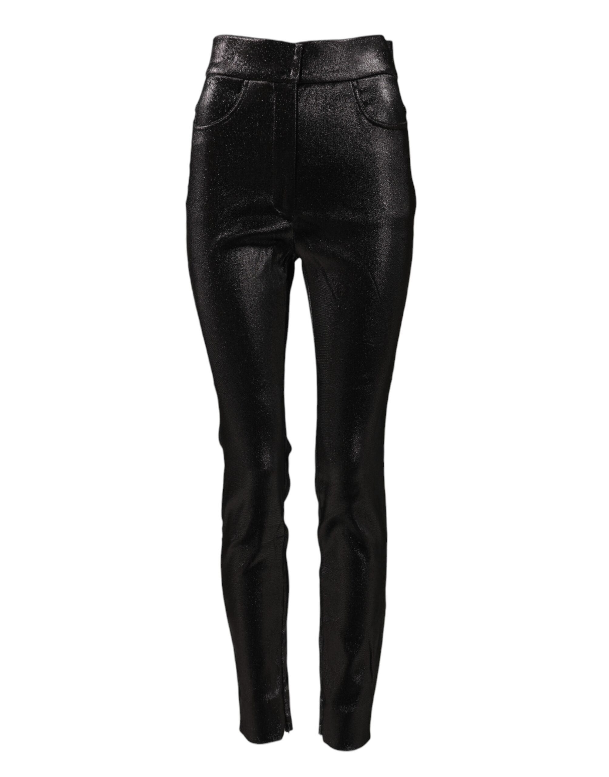 Pantalons en coton stretch noir Dolce & Gabbana avec fil lurex argenté et détails élégants.