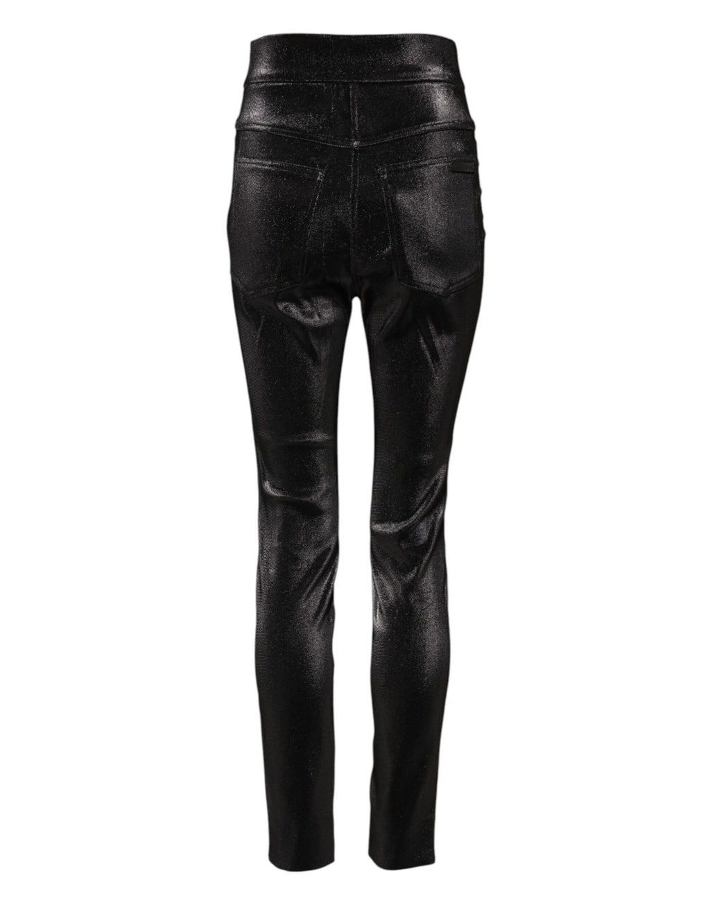 Pantalons en coton noir Dolce & Gabbana avec fil métallisé argenté et coupe ajustée, mode élégante et sophistiquée.