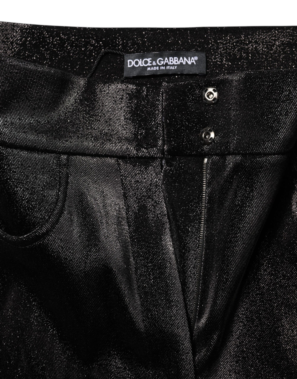 Pantalons en coton stretch noir Dolce & Gabbana avec fil lurex argenté, élégants et ajustés, pour un look sophistiqué.