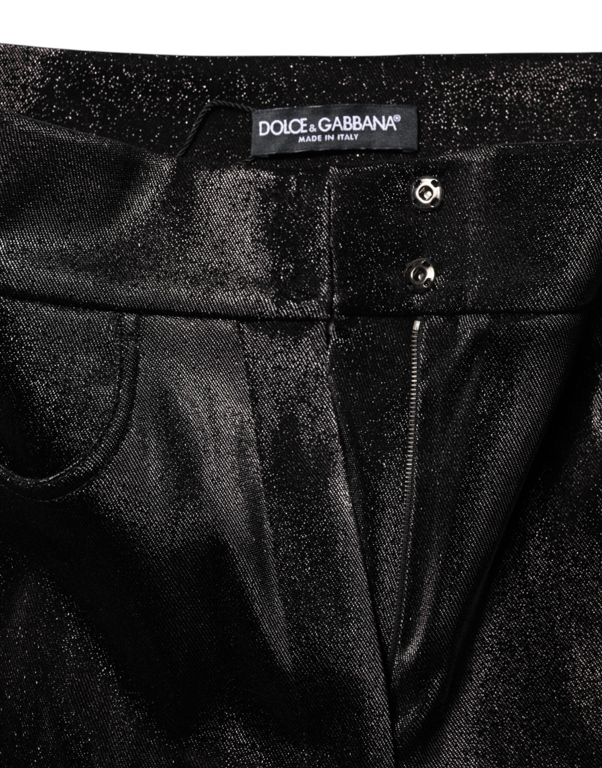 Pantalons en coton stretch noir Dolce & Gabbana avec fil lurex argenté, élégants et ajustés, pour un look sophistiqué.