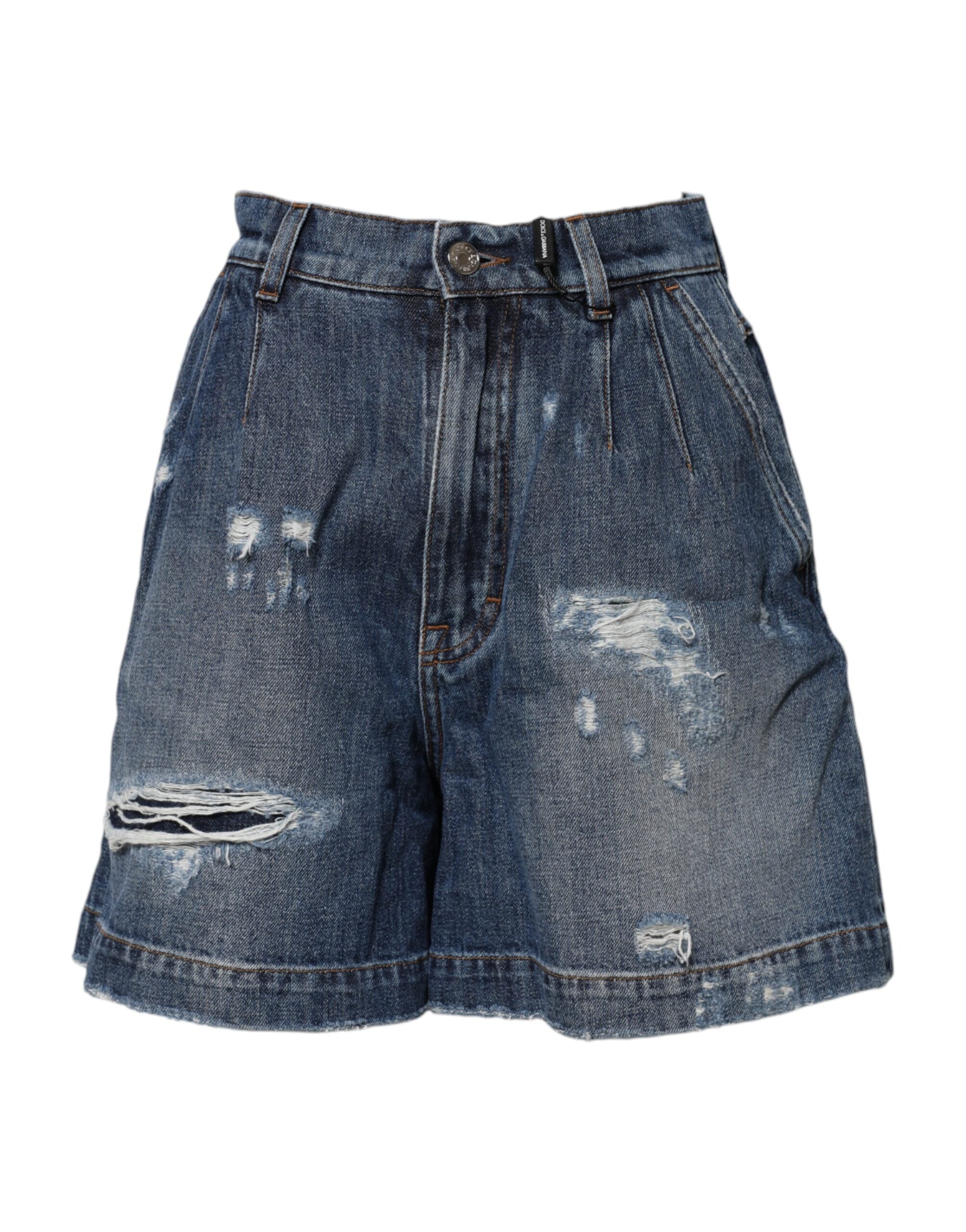 Shorts Bermuda en denim bleu déchiré de Dolce & Gabbana, coton, style décontracté et tendance, visibles avec détails usés et coupe ajustée