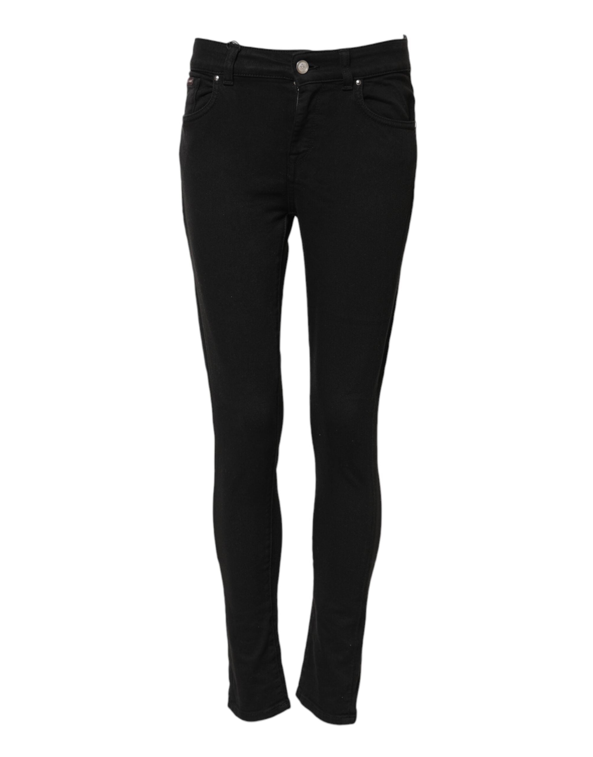 Jeans skinny en coton noir Dolce & Gabbana à taille mi-haute, vue de face avec détails de denim et coupe ajustée.