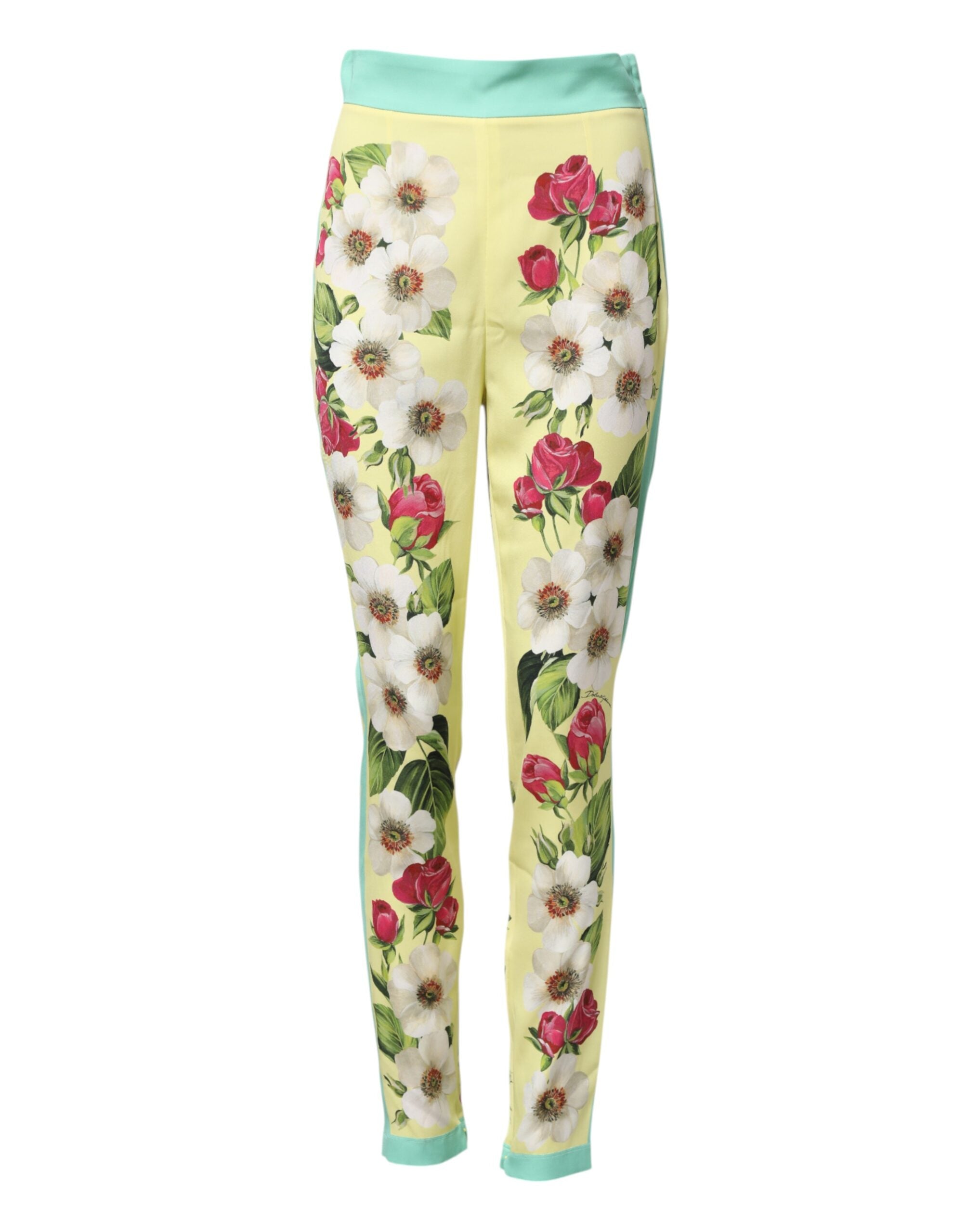 Leggings en soie jaune avec motif floral de Dolce & Gabbana, pantalon élégant et confortable pour femmes.