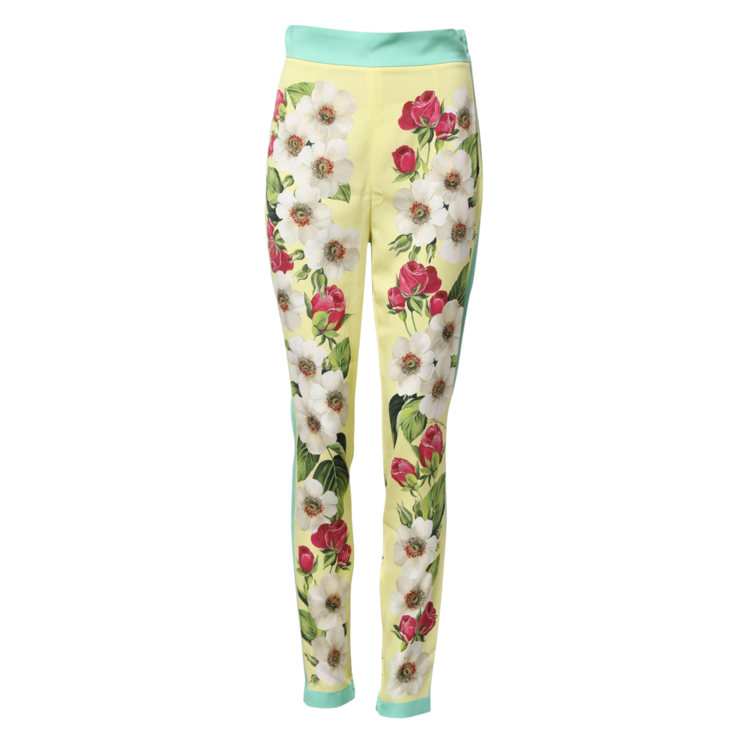 Leggings en soie jaune avec motif floral de Dolce & Gabbana, pantalons élégants et confortables pour un style sophistiqué.