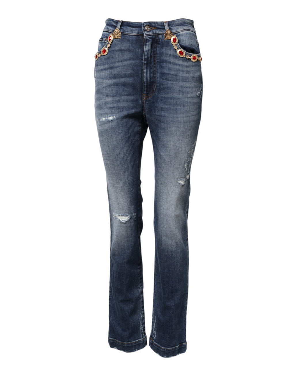 Jeans en denim bleu Dolce & Gabbana avec embellissements en rhinestones, style moderne et élégant.
