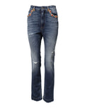 Jeans en denim bleu Dolce & Gabbana avec embellissements en rhinestones, style moderne et élégant.