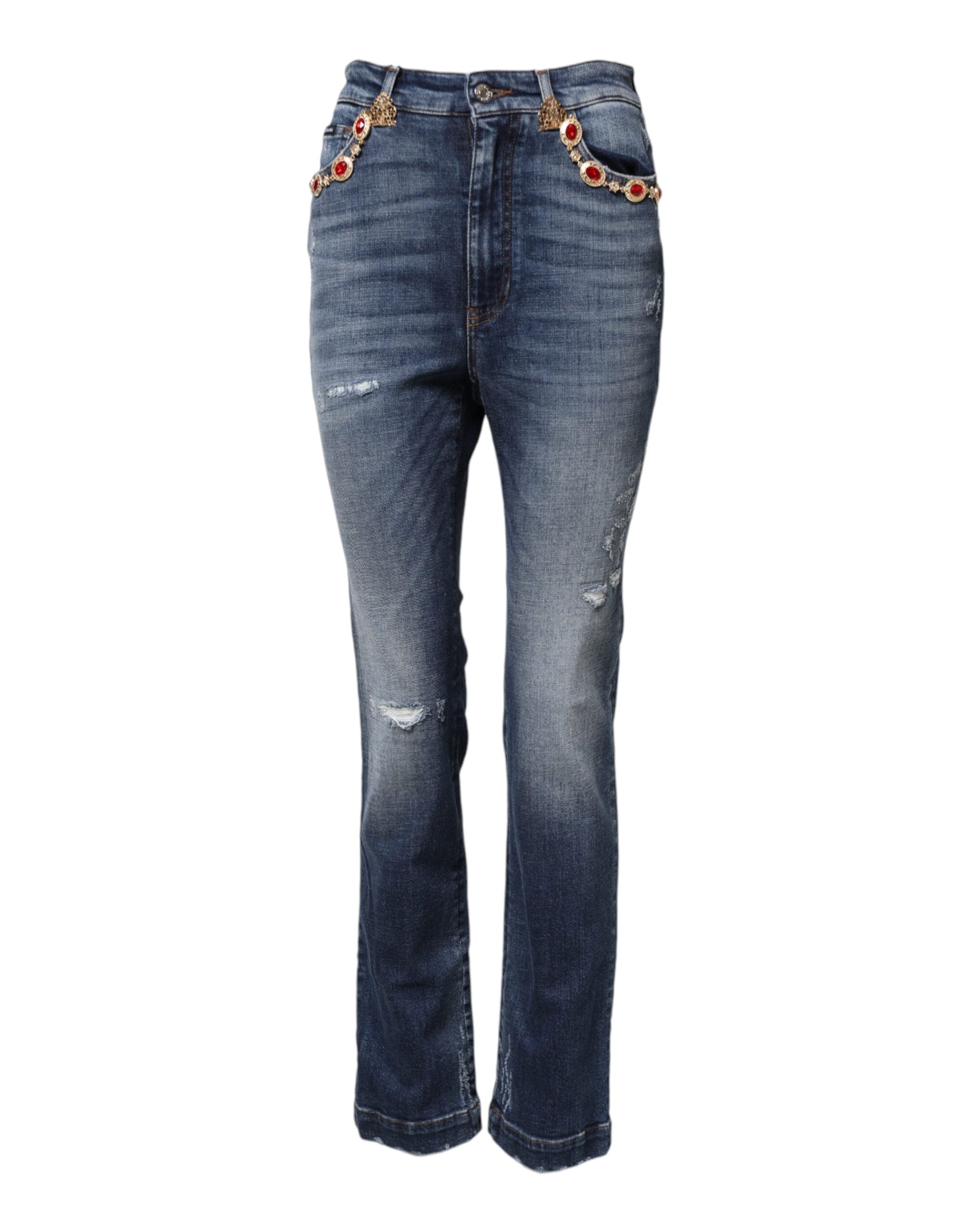 Jeans en denim bleu Dolce & Gabbana avec embellissements en rhinestones, style moderne et élégant.
