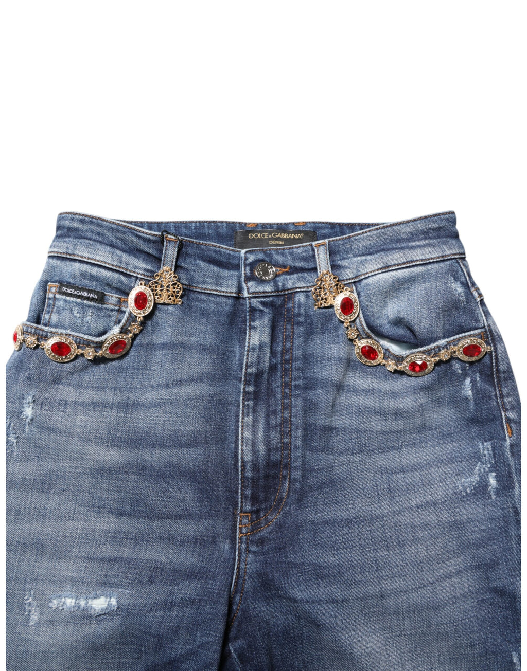 Jeans en denim bleu Dolce & Gabbana ornés de strass scintillants et embellissements en rhinestones, style élégant et tendance.