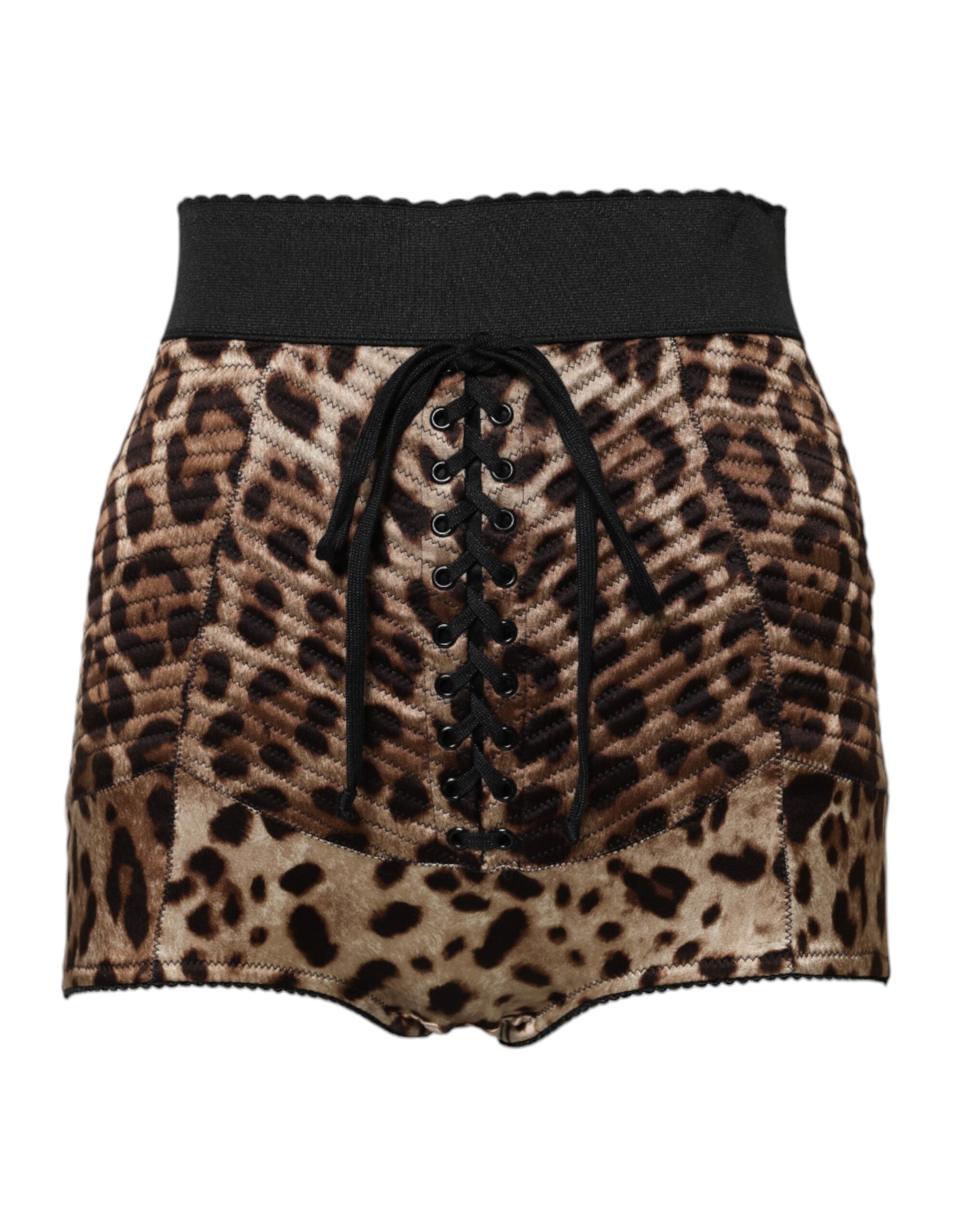 Shorts Dolce & Gabbana en cuir marron avec motif léopard à taille haute, mode élégante et tendance.