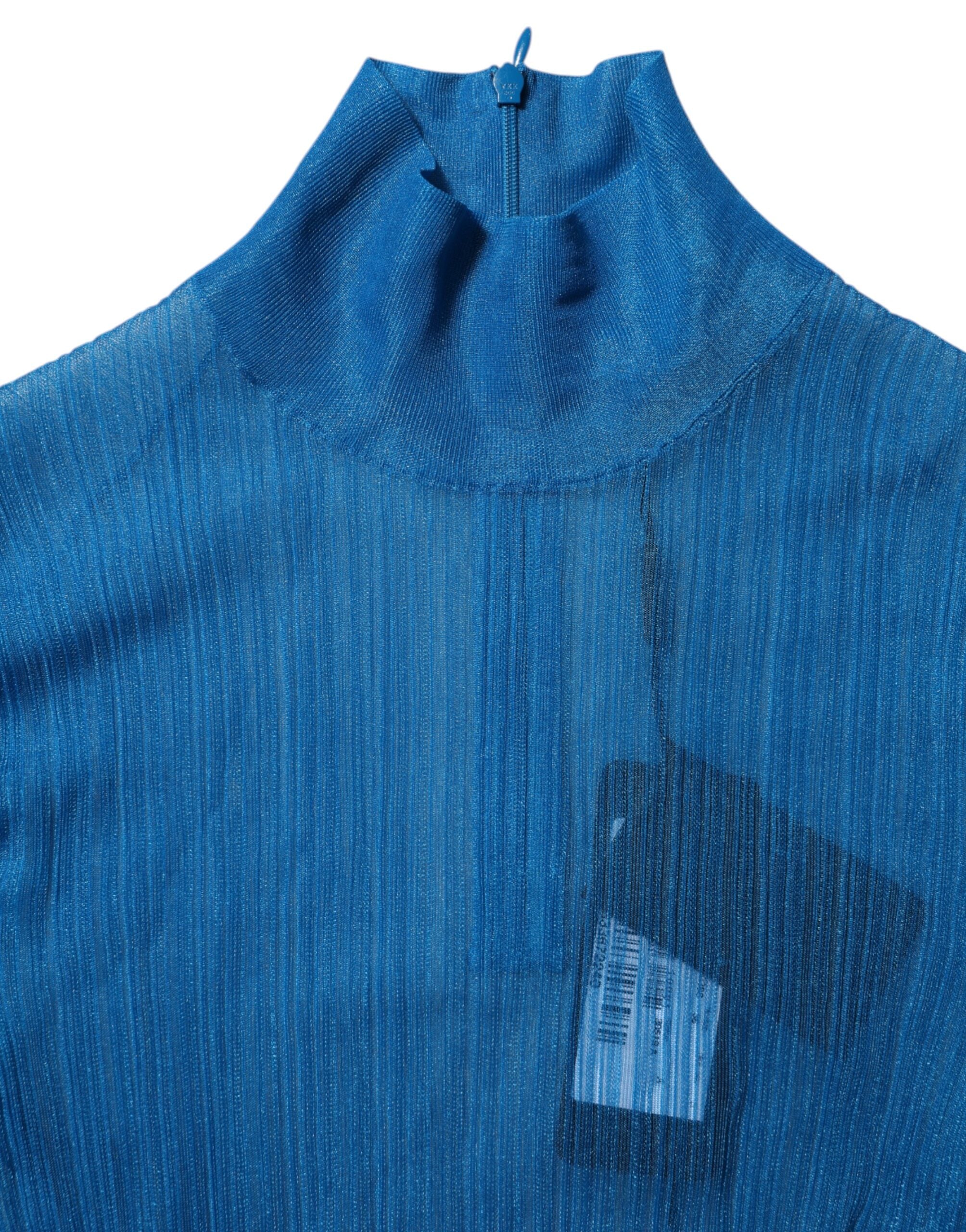 T-shirt en maille transparente à col roulé à manches longues de Dolce & Gabbana, couleur bleue, ajusté et élégant.