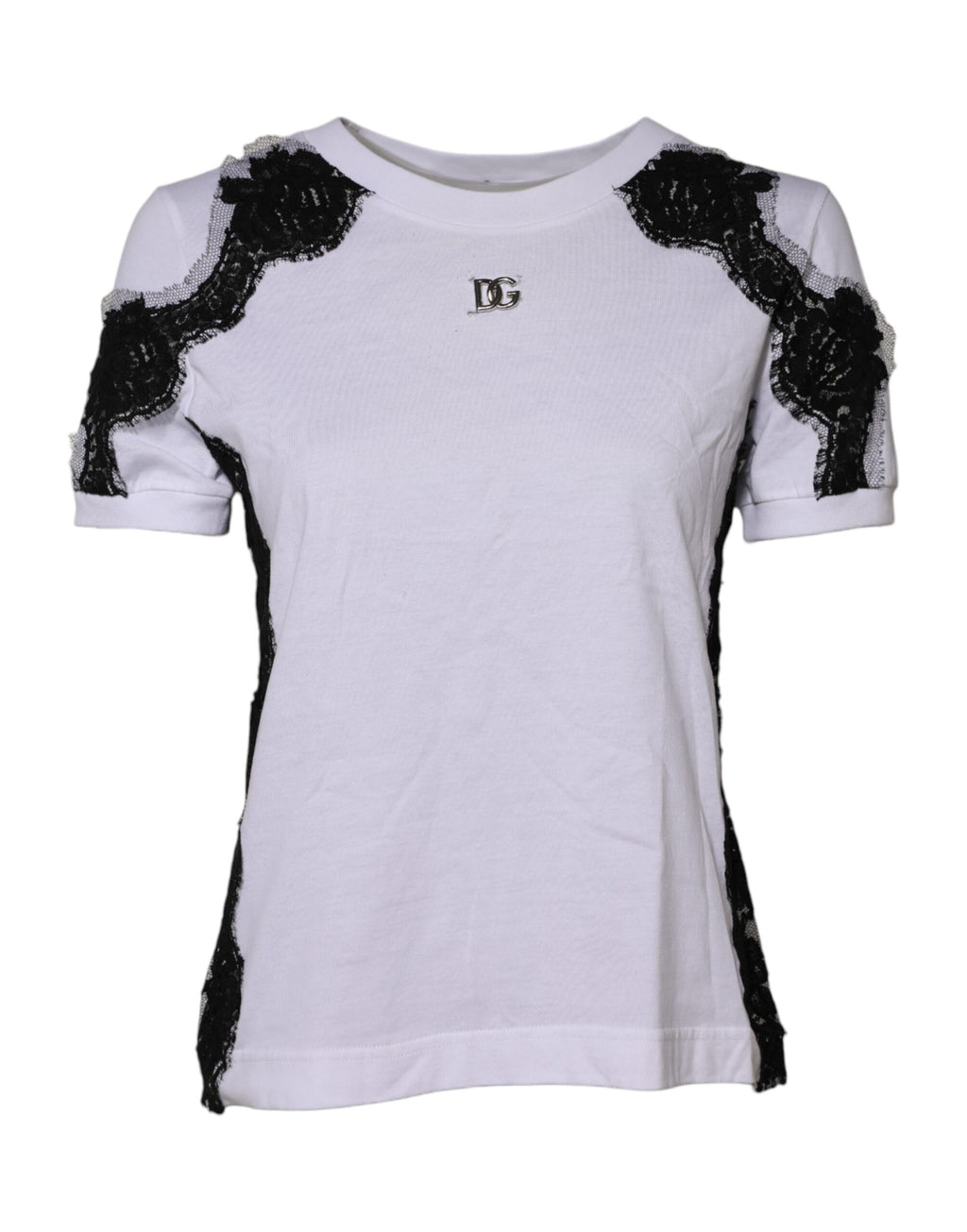 T-shirt blanc Dolce & Gabbana en dentelle florale avec détails DG visibles, tissu léger et élégant.