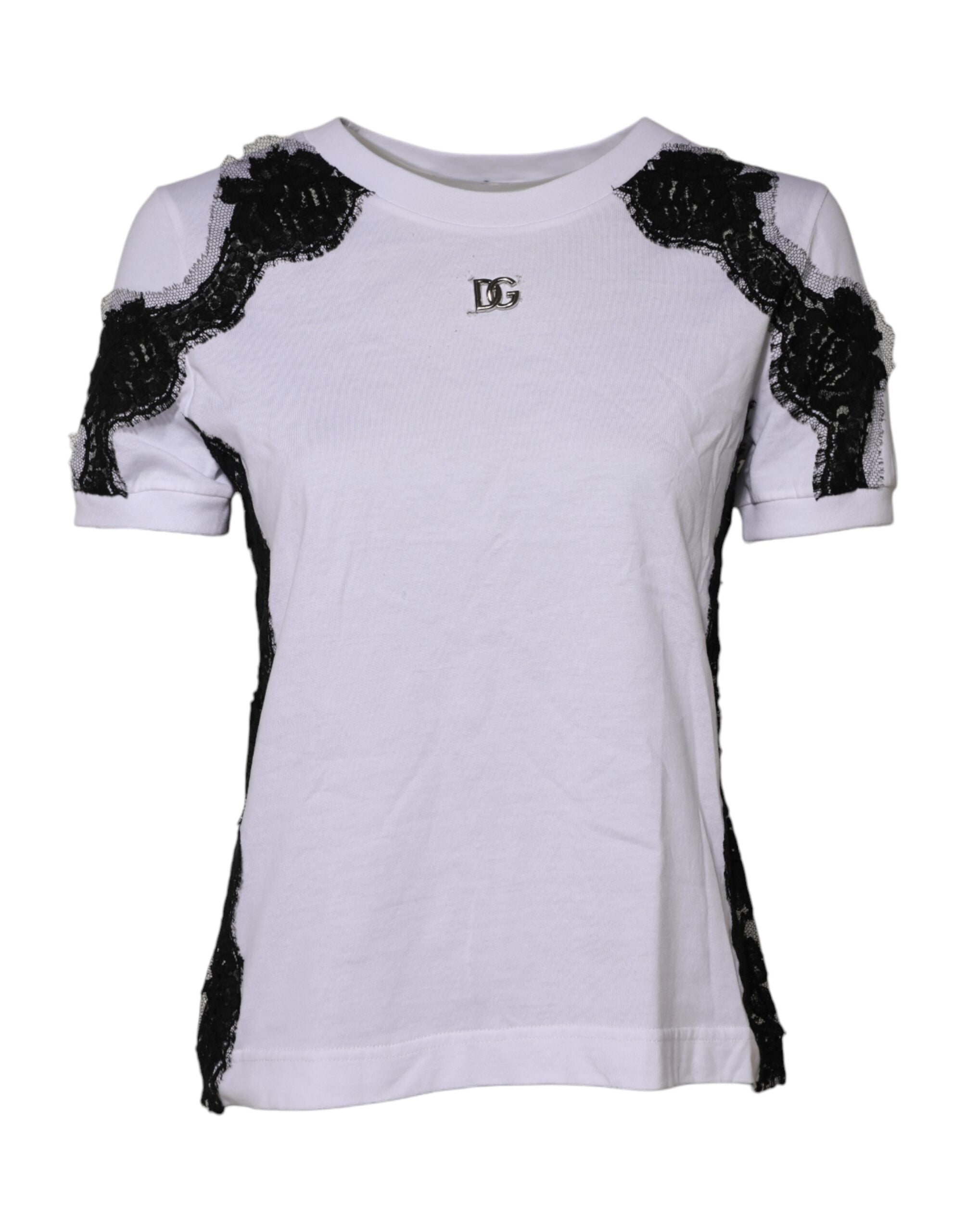 T-shirt blanc Dolce & Gabbana en dentelle florale avec détails DG visibles, tissu léger et élégant.
