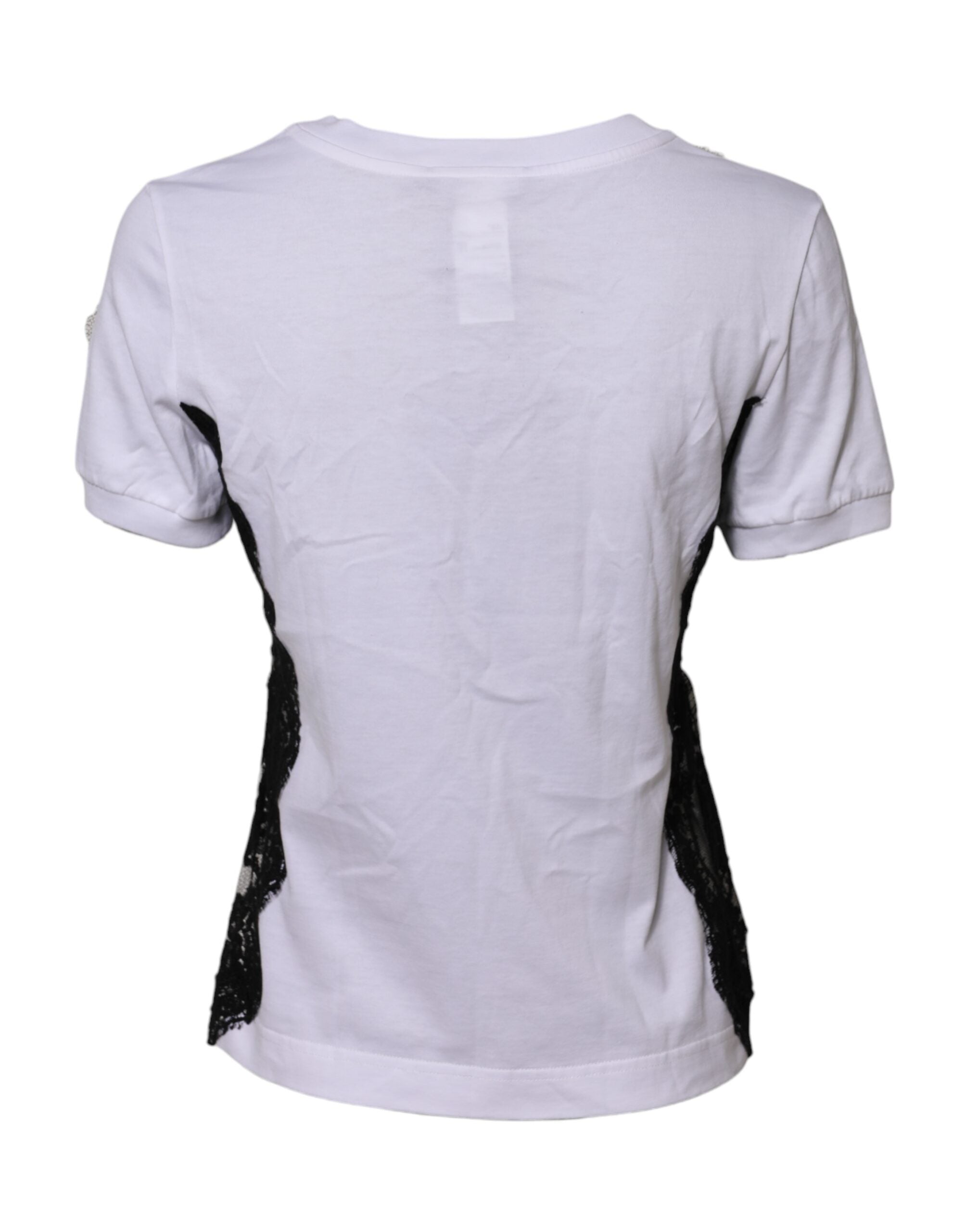 T-shirt blanc Dolce & Gabbana avec dentelle florale et détails en DG, col rond et style élégant.