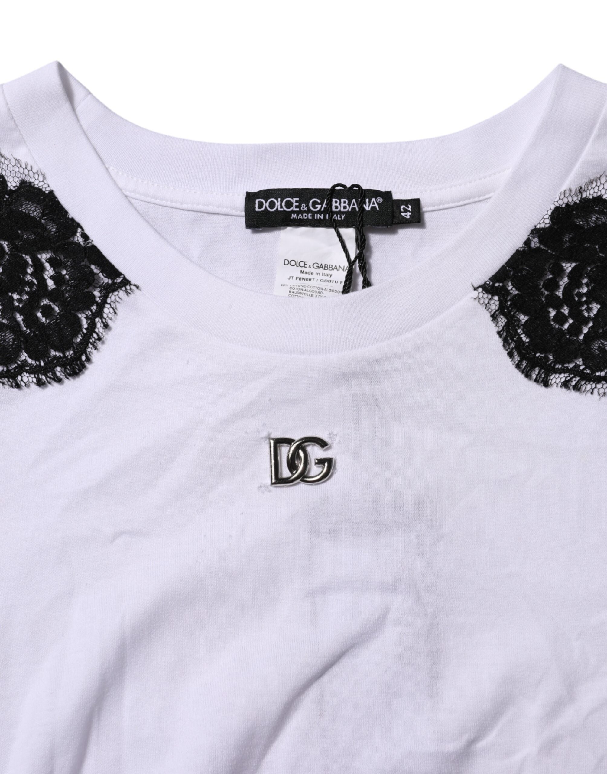 T-shirt blanc Dolce & Gabbana en dentelle florale avec détails DG, vue de face.