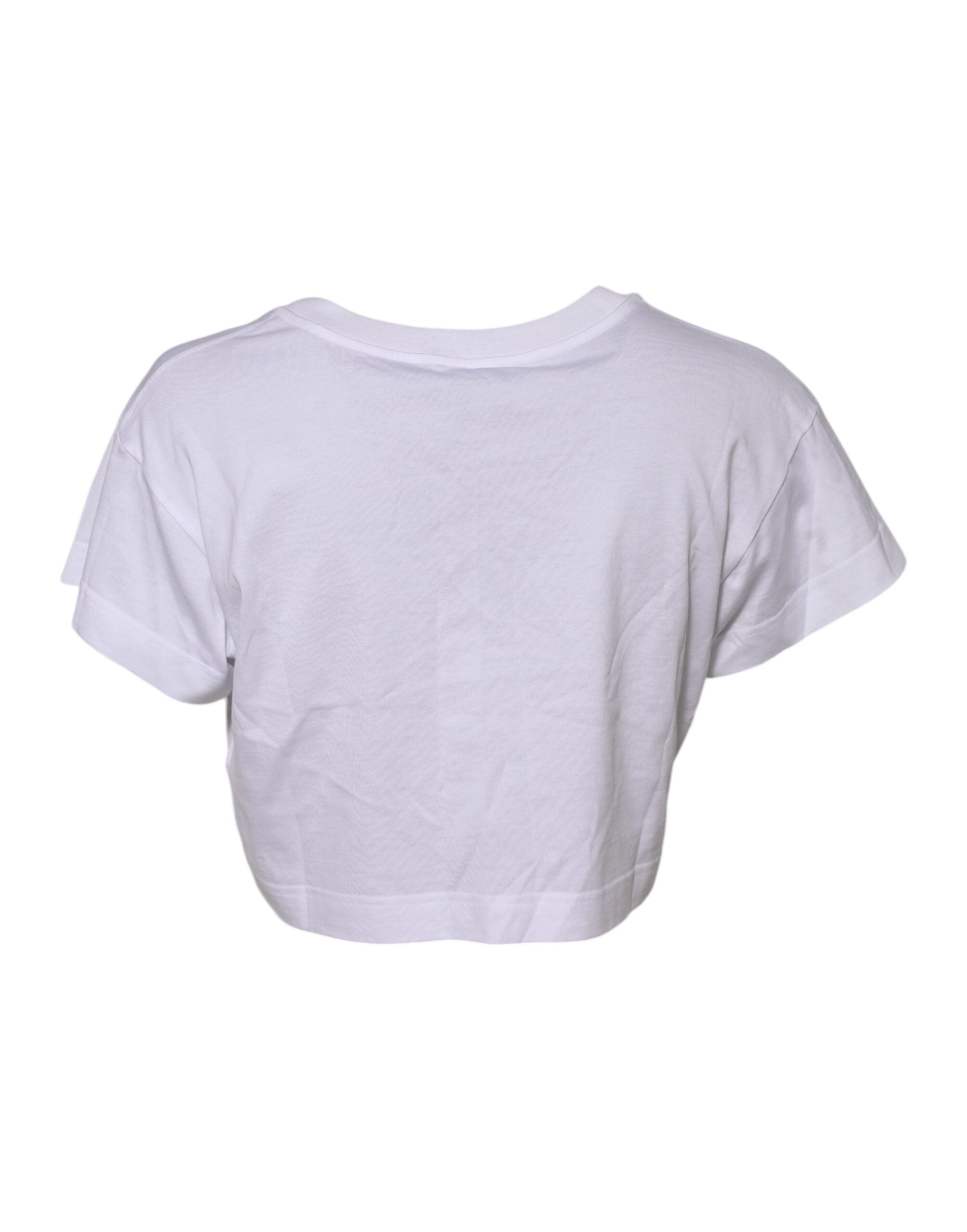 T-shirt cropped blanc Dolce & Gabbana avec dentelle florale et détails DG visibles sur le devant.