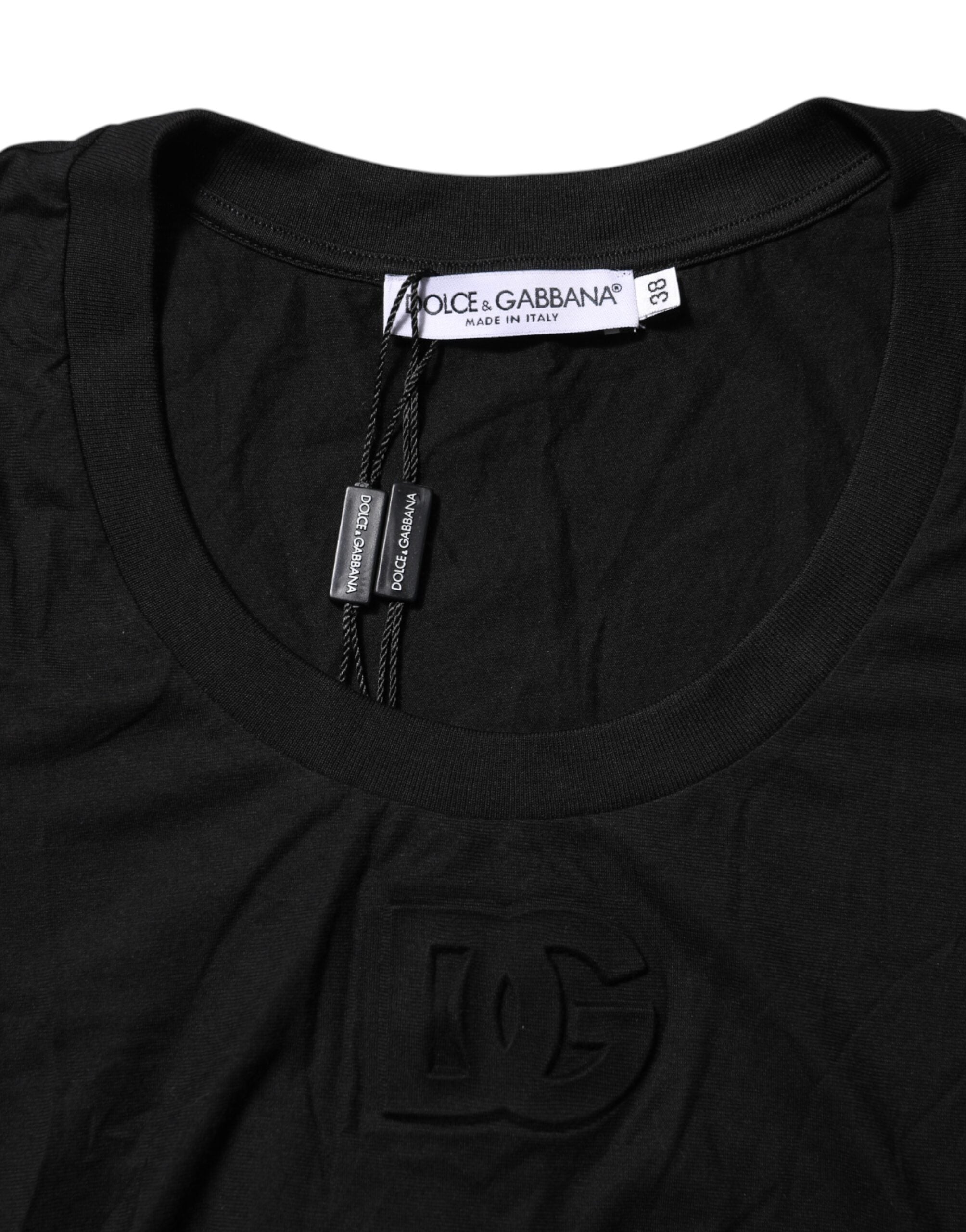 T-shirt noir en coton Dolce & Gabbana à manches courtes et col rond, vue de face.