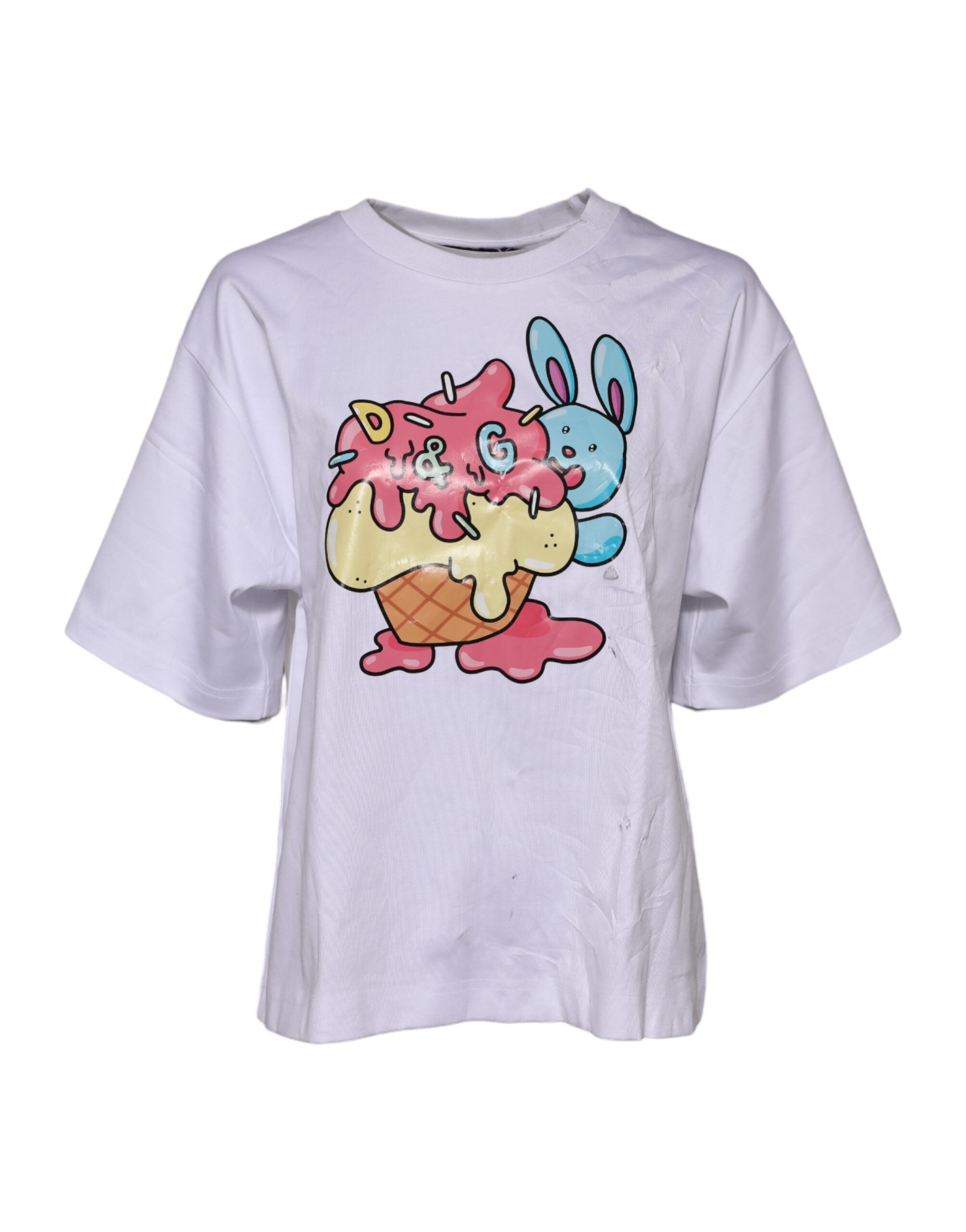 T-shirt blanc en coton Dolce & Gabbana avec logo graphique et col rond, vue de face.