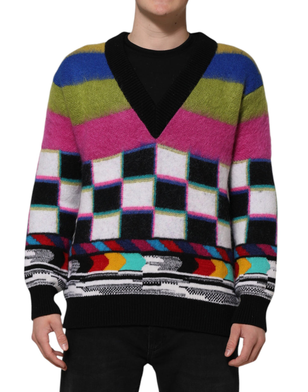 Pull à manches longues Dolce & Gabbana en multicolore avec motif glitch, tissu doux et design moderne.