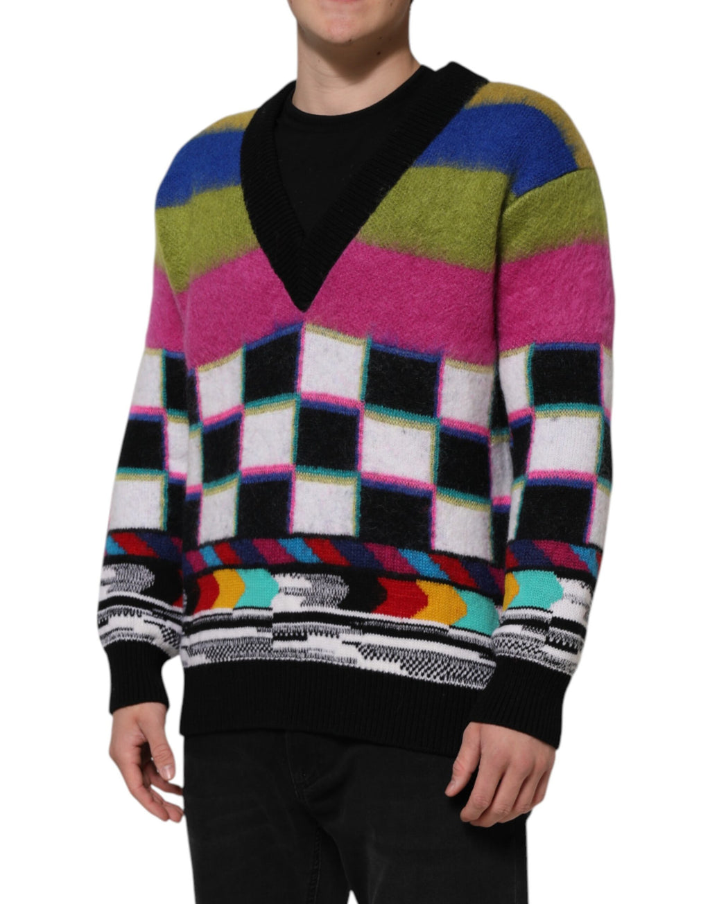 Pull à manches longues Dolce & Gabbana multicolore avec design glitch, motif moderne et style tendance.