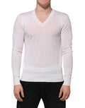 Pull en cachemire blanc Dolce & Gabbana avec logo, col en V, élégant et doux, idéal pour un look sophistiqué.