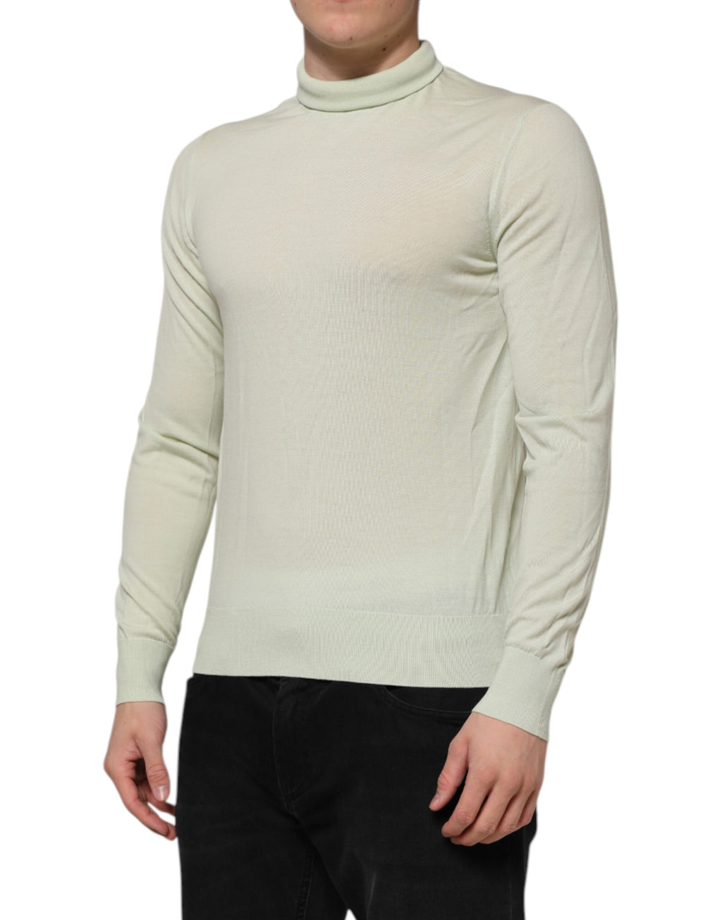 Pull en laine vert menthe Dolce & Gabbana à col roulé, vue de face, détails du tissu et coupe élégante visible.