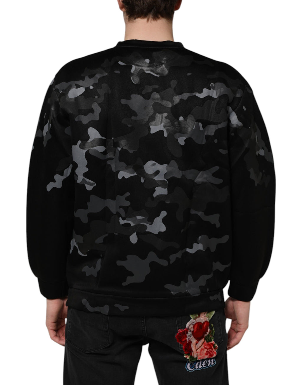 Sweat-shirt Dolce & Gabbana noir camouflage avec col rond et manches longues, look décontracté et tendance.