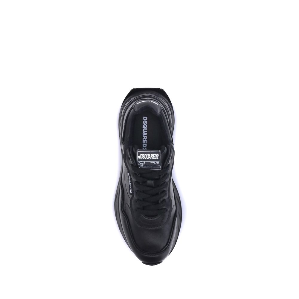 Sneakers athlétiques en cuir de veau noir Dsquared² Bos Taurus, style moderne et confortable, vues de face sur fond neutre.