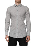 Chemise homme Dolce & Gabbana gris à pois, coupe semi-ajustée, style formel avec détails dorés.