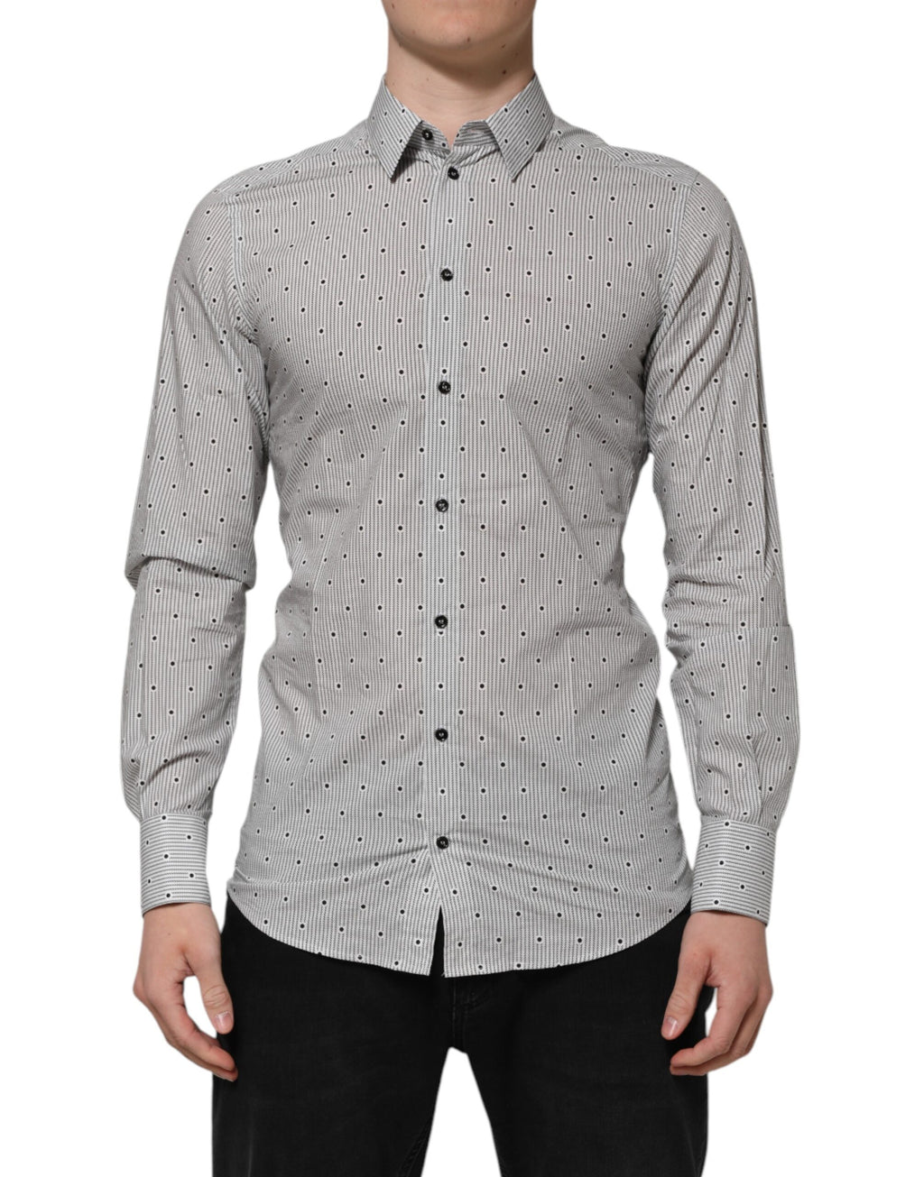 Chemise formelle gris à pois Dolce & Gabbana pour homme, coupe semi-ajustée, détail doré.