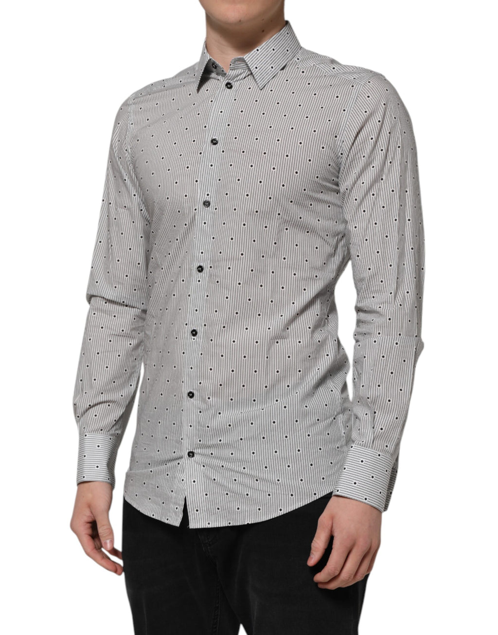Chemise homme Dolce & Gabbana gris à pois, coupe semi-ajustée, style formel avec détails dorés.
