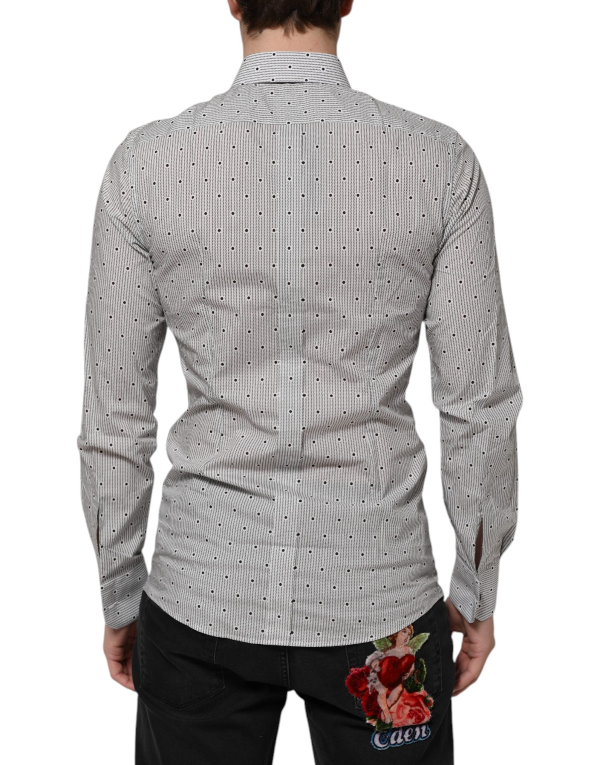 Chemise formelle grise à pois Dolce & Gabbana pour homme, coupe semi-ajustée, tissu de qualité avec détails dorés.