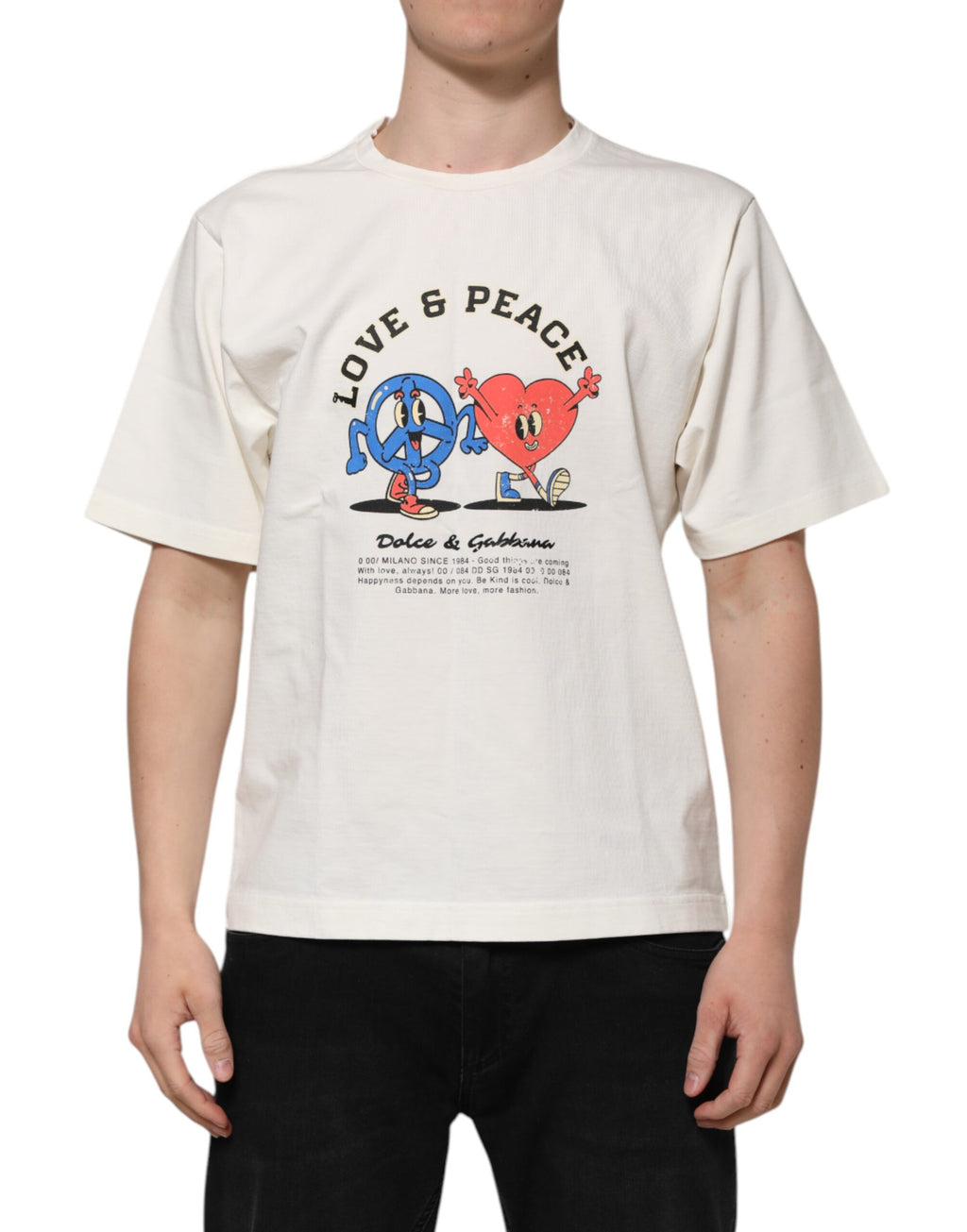 T-shirt blanc Dolce & Gabbana en coton pour homme avec logo Love Peace, col ras du cou, style décontracté et moderne.