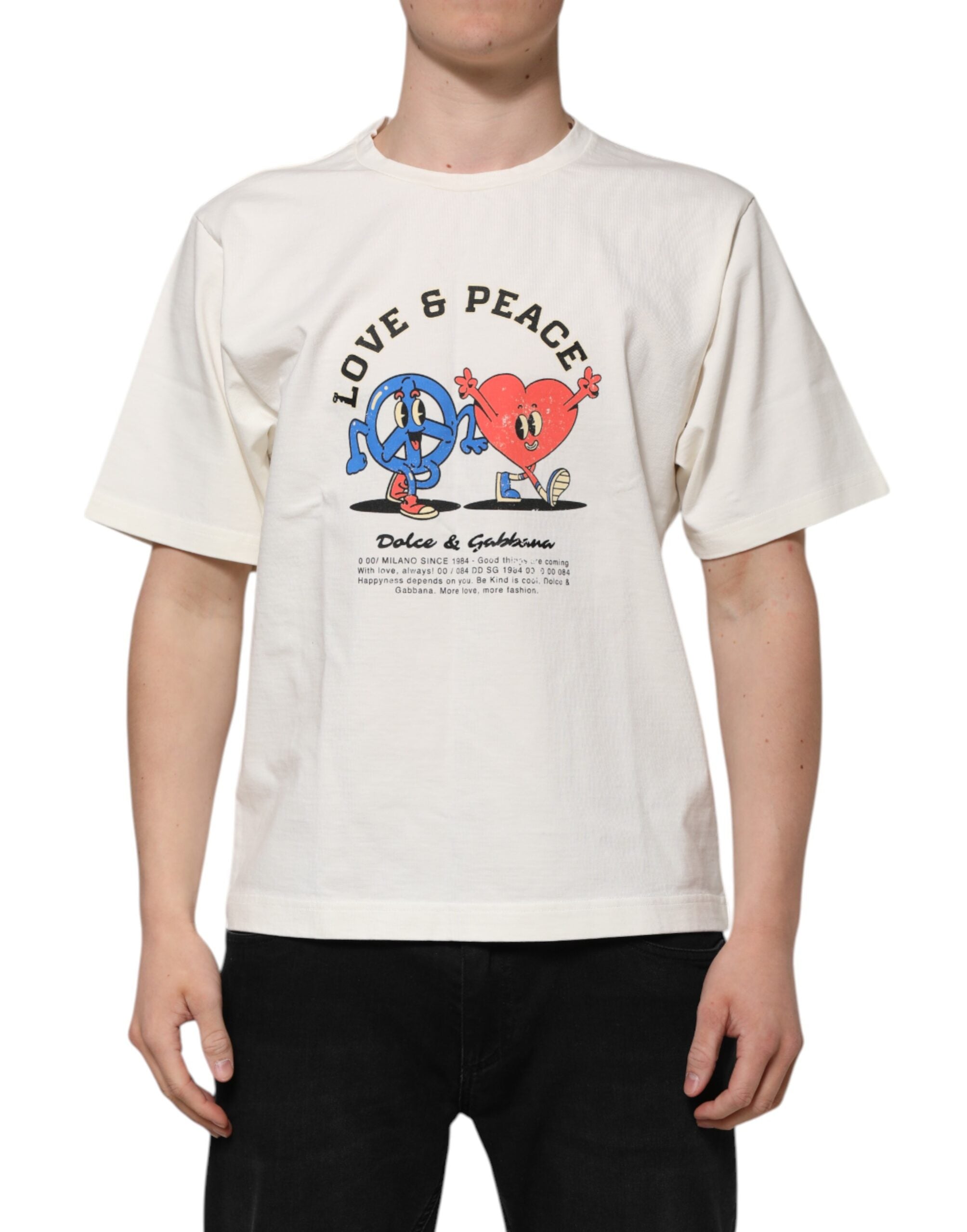 T-shirt blanc Dolce & Gabbana en coton pour homme avec logo Love Peace, col ras du cou, style décontracté et moderne.
