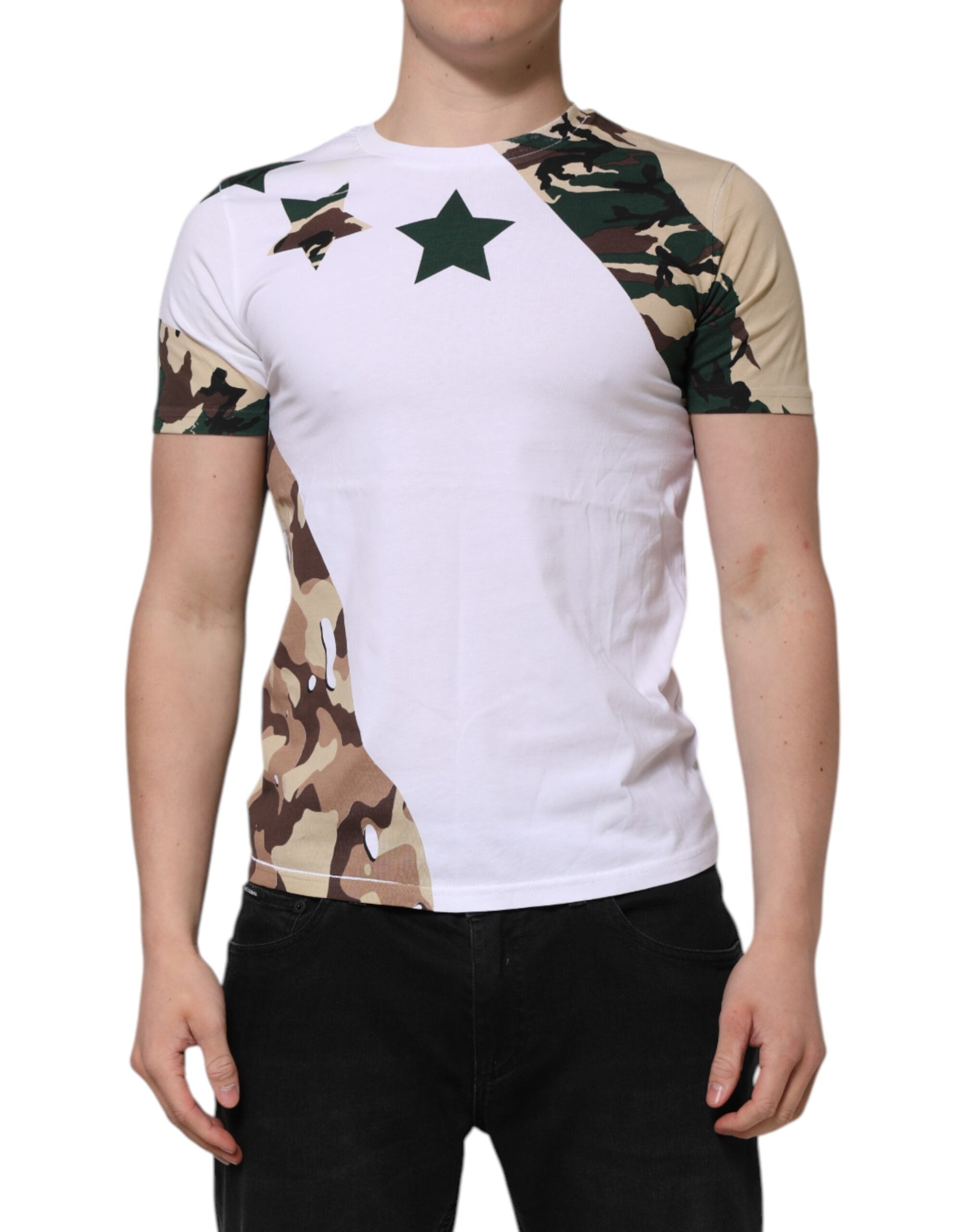 T-shirt blanc camouflage en coton pour homme de Dolce & Gabbana avec col rond, mode décontractée et design tendance.