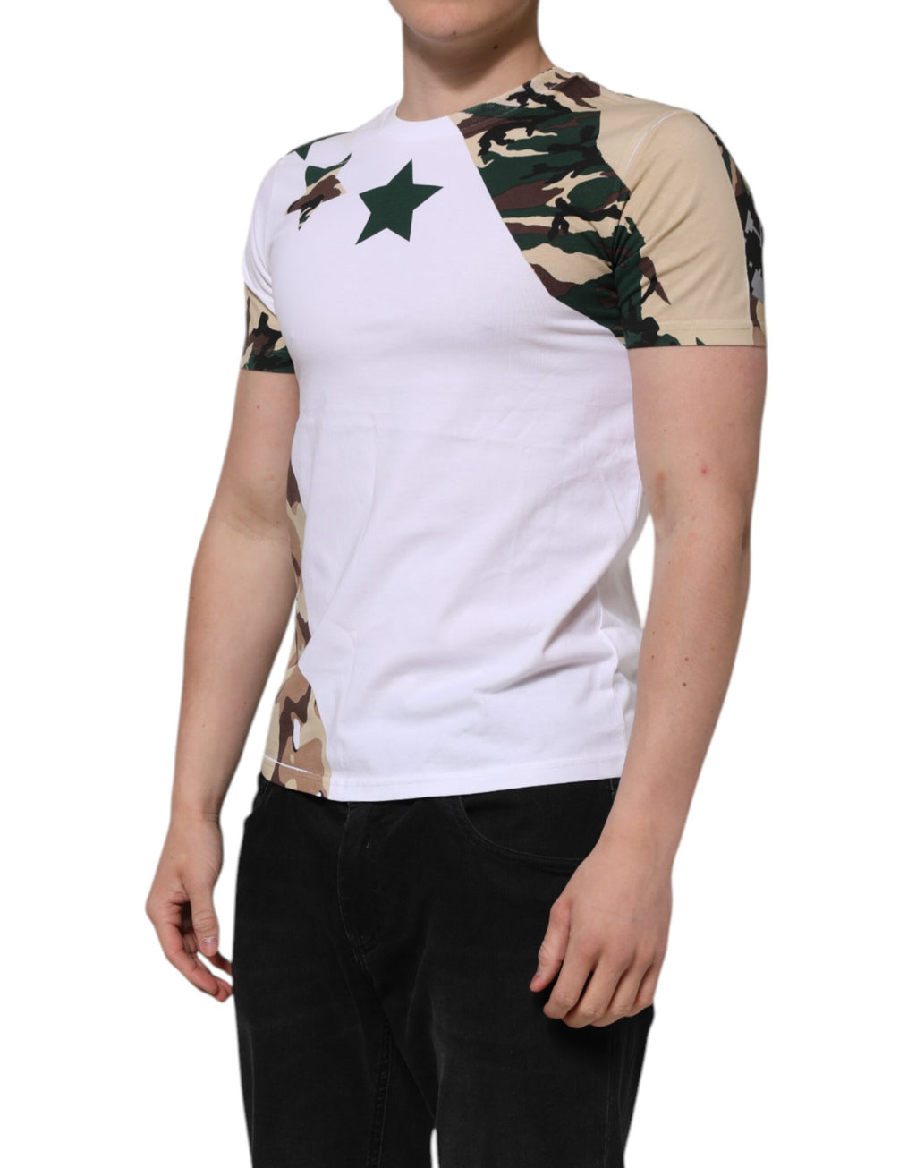 T-shirt blanc à motif camouflage en coton pour homme de Dolce & Gabbana, col rond, style moderne et élégant.
