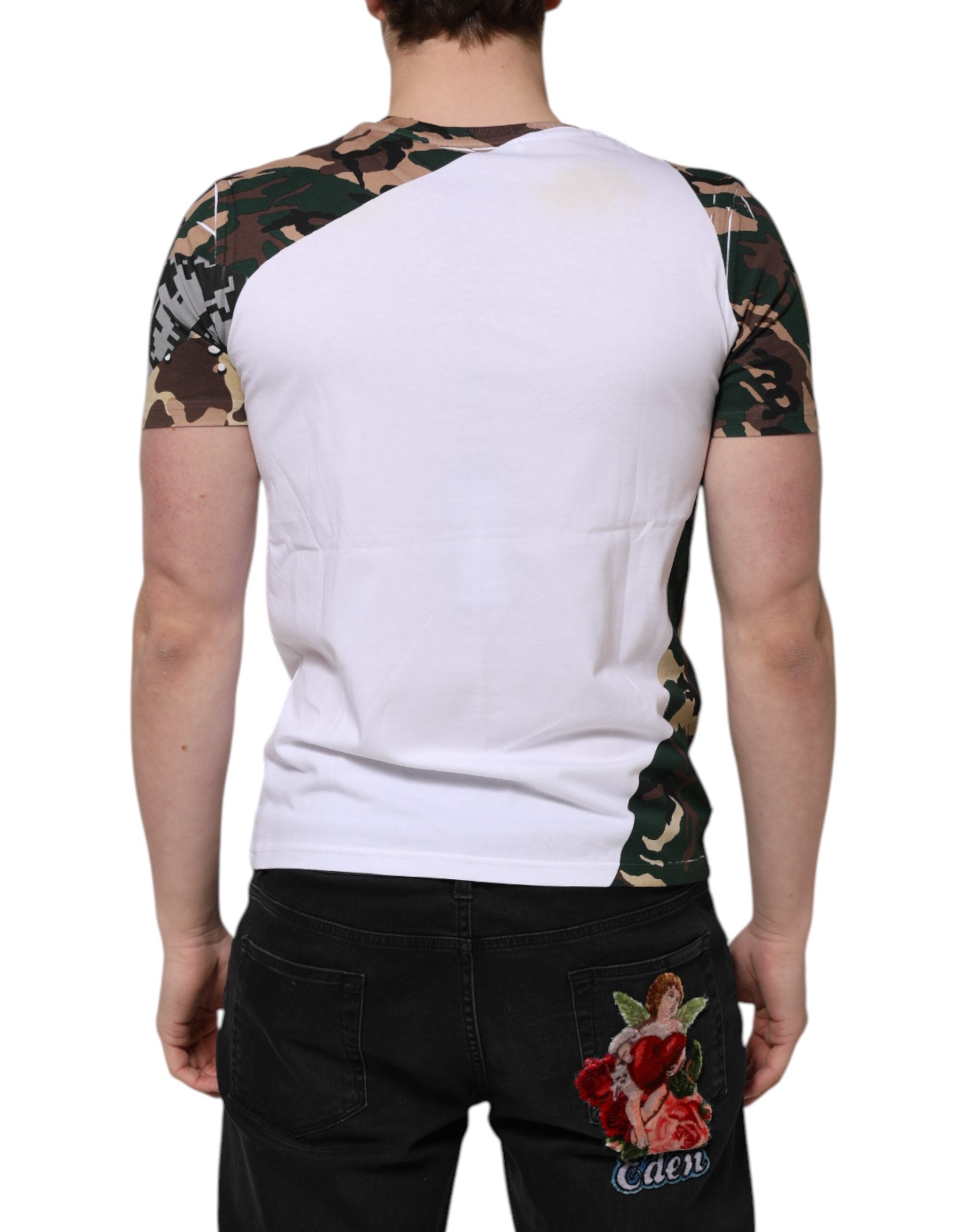 T-shirt blanc à motif camouflage en coton pour homme de Dolce & Gabbana, col rond, style décontracté.