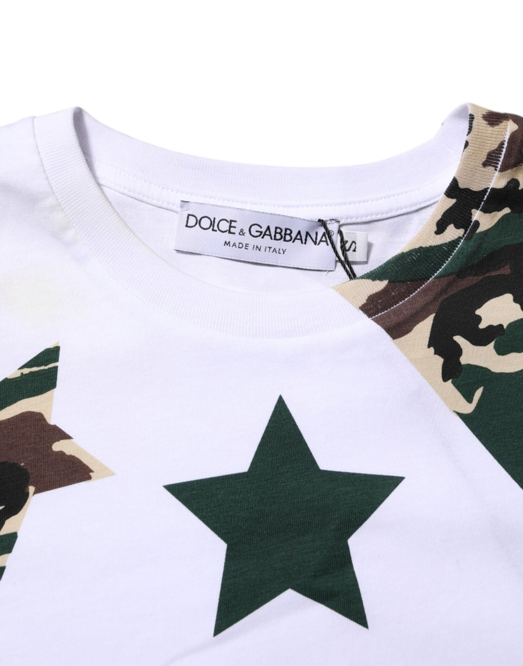 T-shirt homme blanc camouflage en coton de Dolce & Gabbana avec col rond, vue de face.