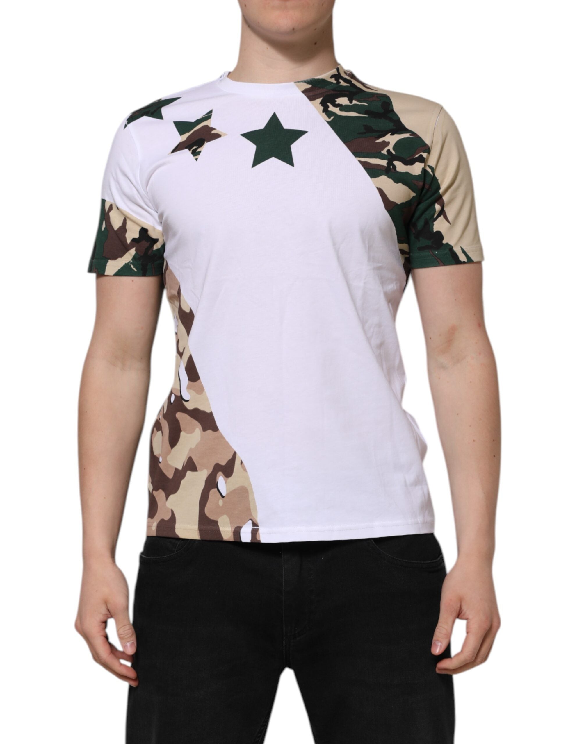 T-shirt homme en coton blanc avec motif camouflage, col rond Dolce & Gabbana, style décontracté et tendance.