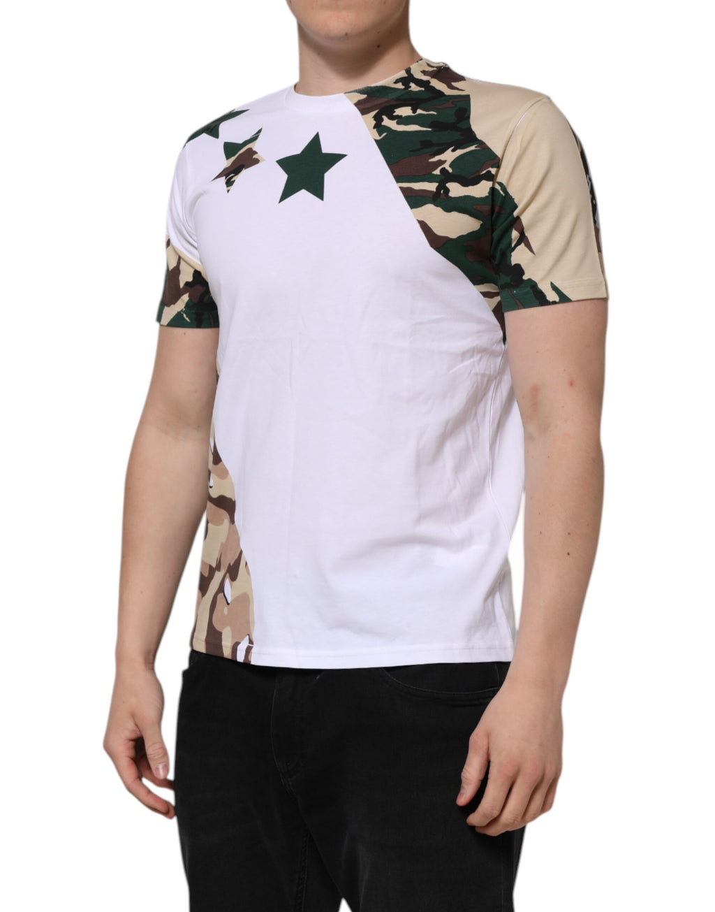 T-shirt blanc à motif camouflage en coton pour homme de Dolce & Gabbana, col rond, style décontracté.