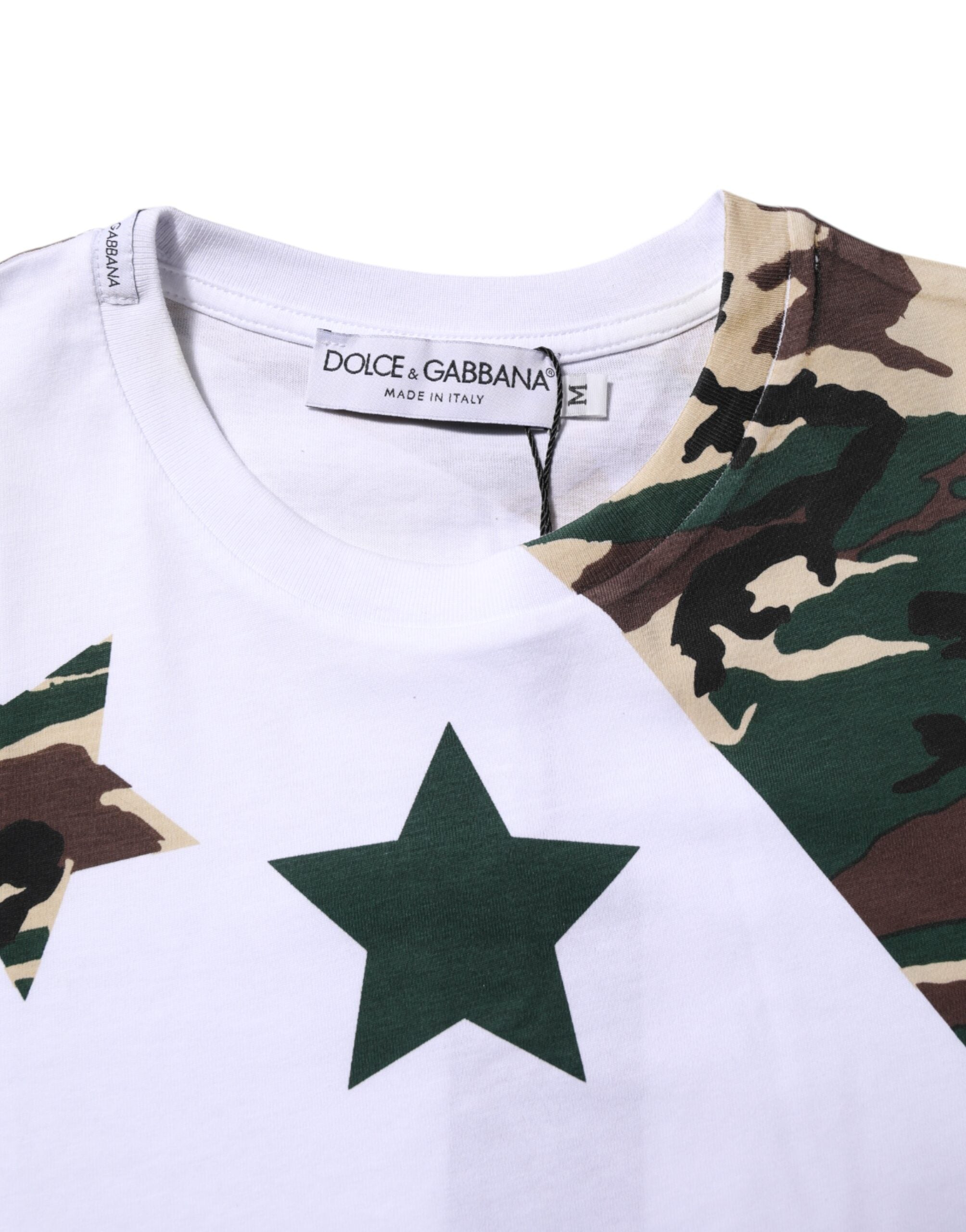 T-shirt blanc camouflage en coton pour homme de Dolce & Gabbana avec col rond, style décontracté et moderne.