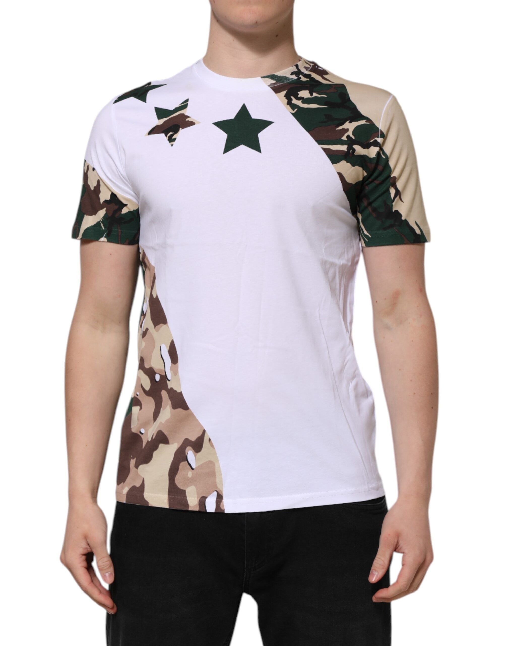 T-shirt homme Dolce & Gabbana en coton blanc camouflage à col rond, style décontracté et moderne.