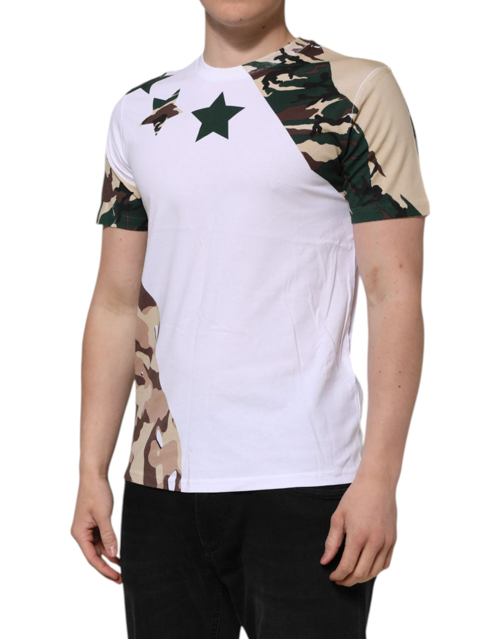 T-shirt pour homme Dolce & Gabbana blanc avec motif camouflage en coton à col ras du cou.