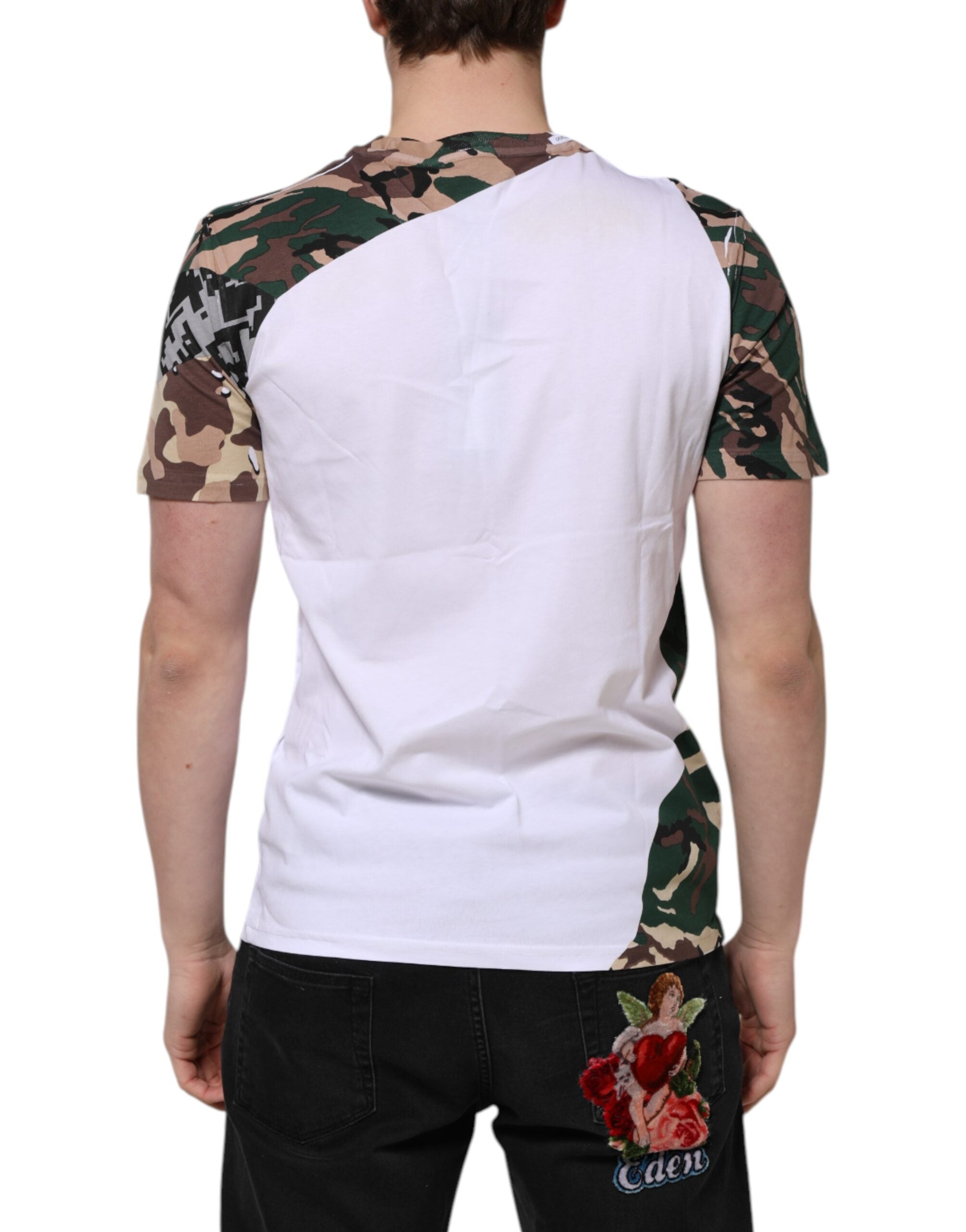 T-shirt blanc à motif camouflage en coton pour homme de Dolce & Gabbana, col rond, style décontracté.