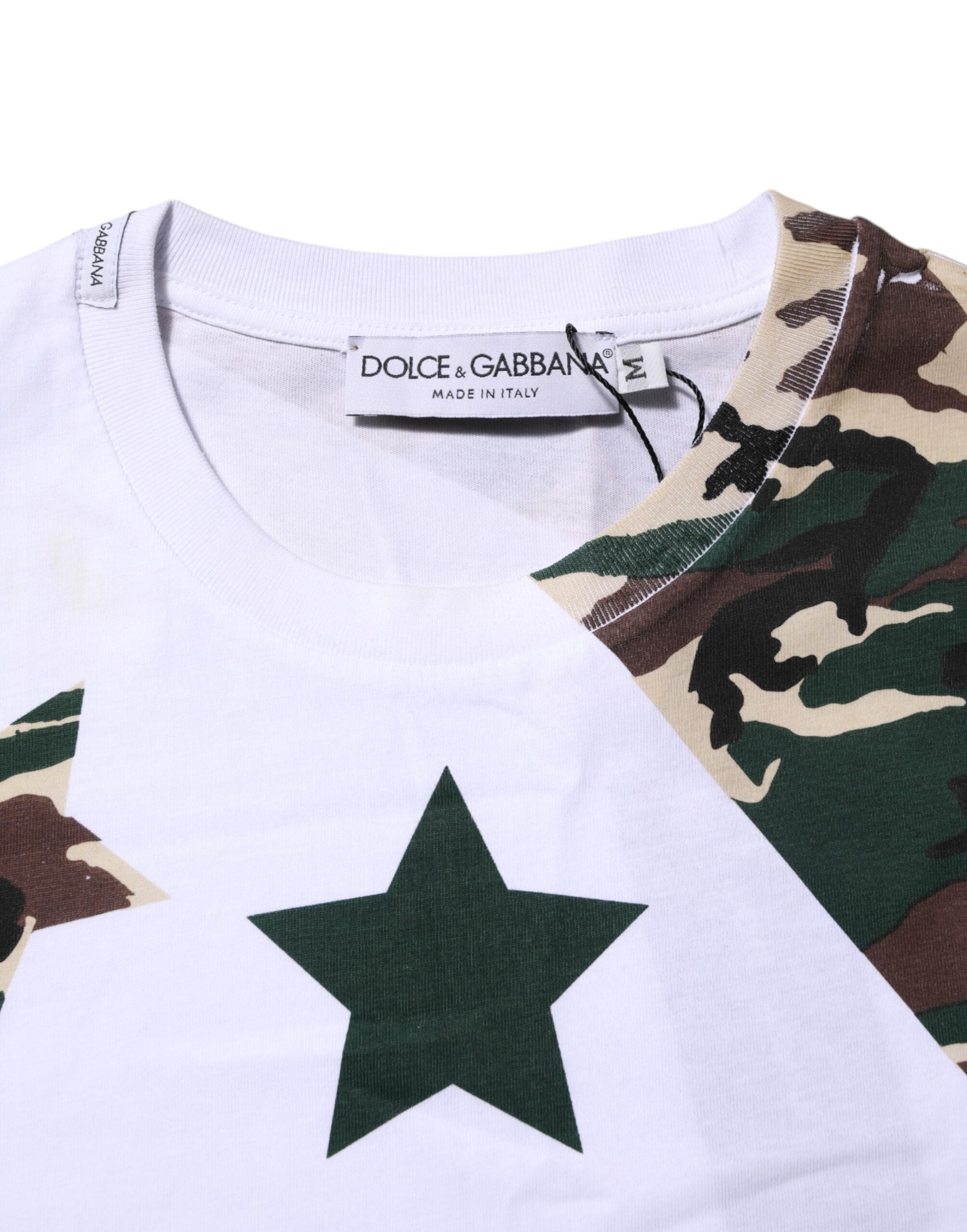 T-shirt blanc à manches courtes Dolce & Gabbana pour homme avec motif camouflage en coton et col rond.