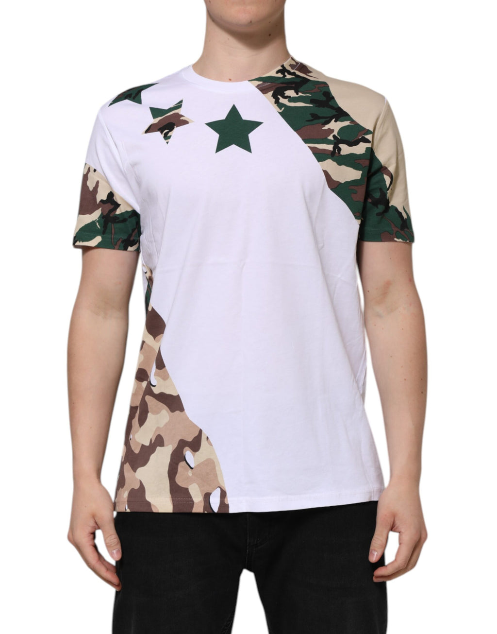 T-shirt blanc à motif camouflage en coton pour homme de Dolce & Gabbana, col rond, style décontracté.