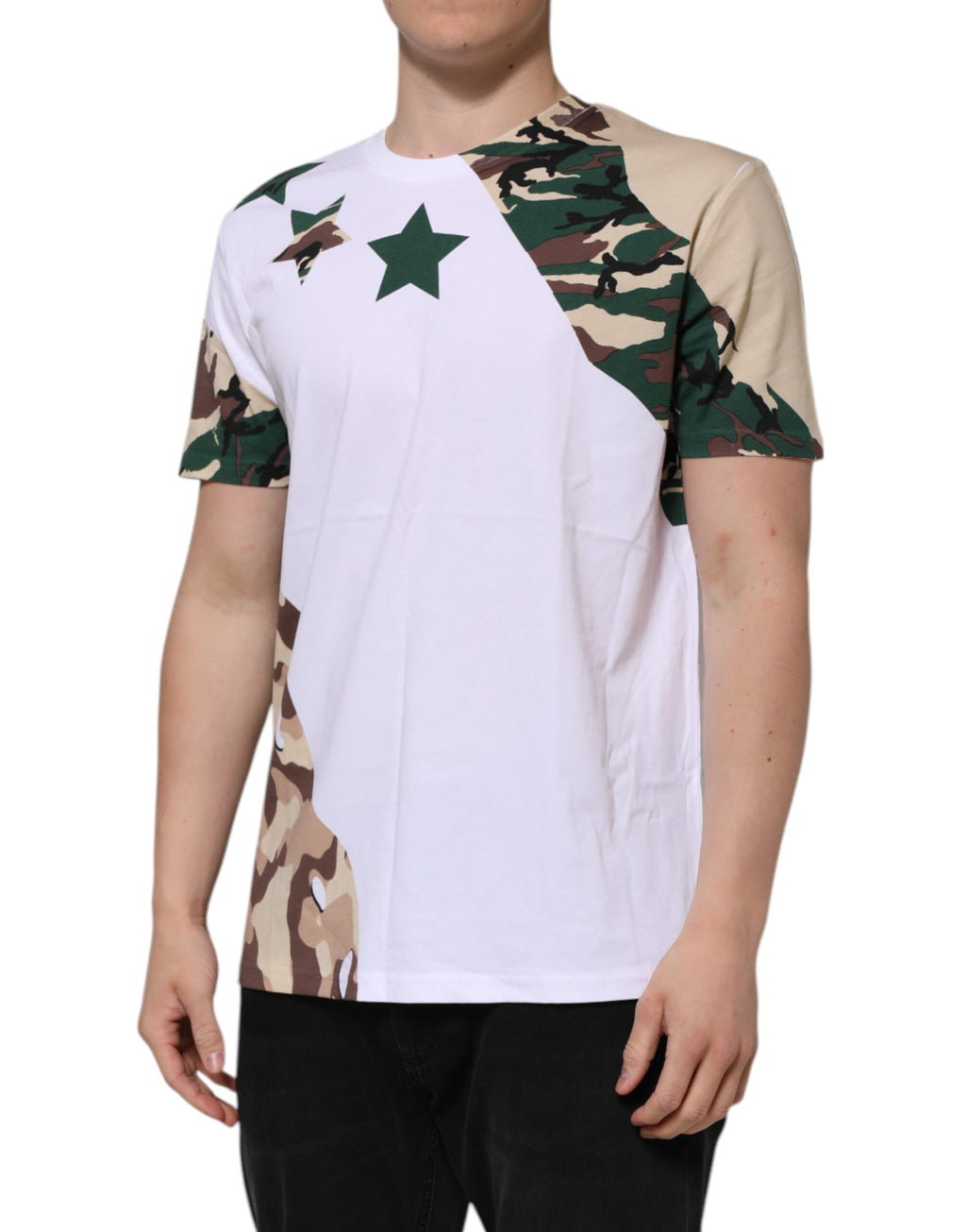 T-shirt homme blanc à motif camouflage coton Dolce & Gabbana, col rond, style décontracté.