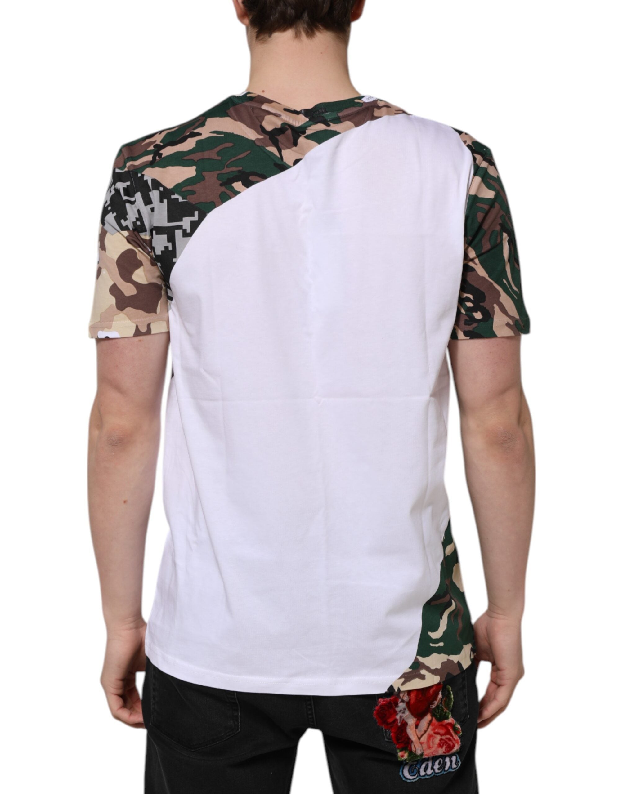 T-shirt blanc en coton camouflage pour homme de Dolce & Gabbana, col rond, style décontracté et moderne.