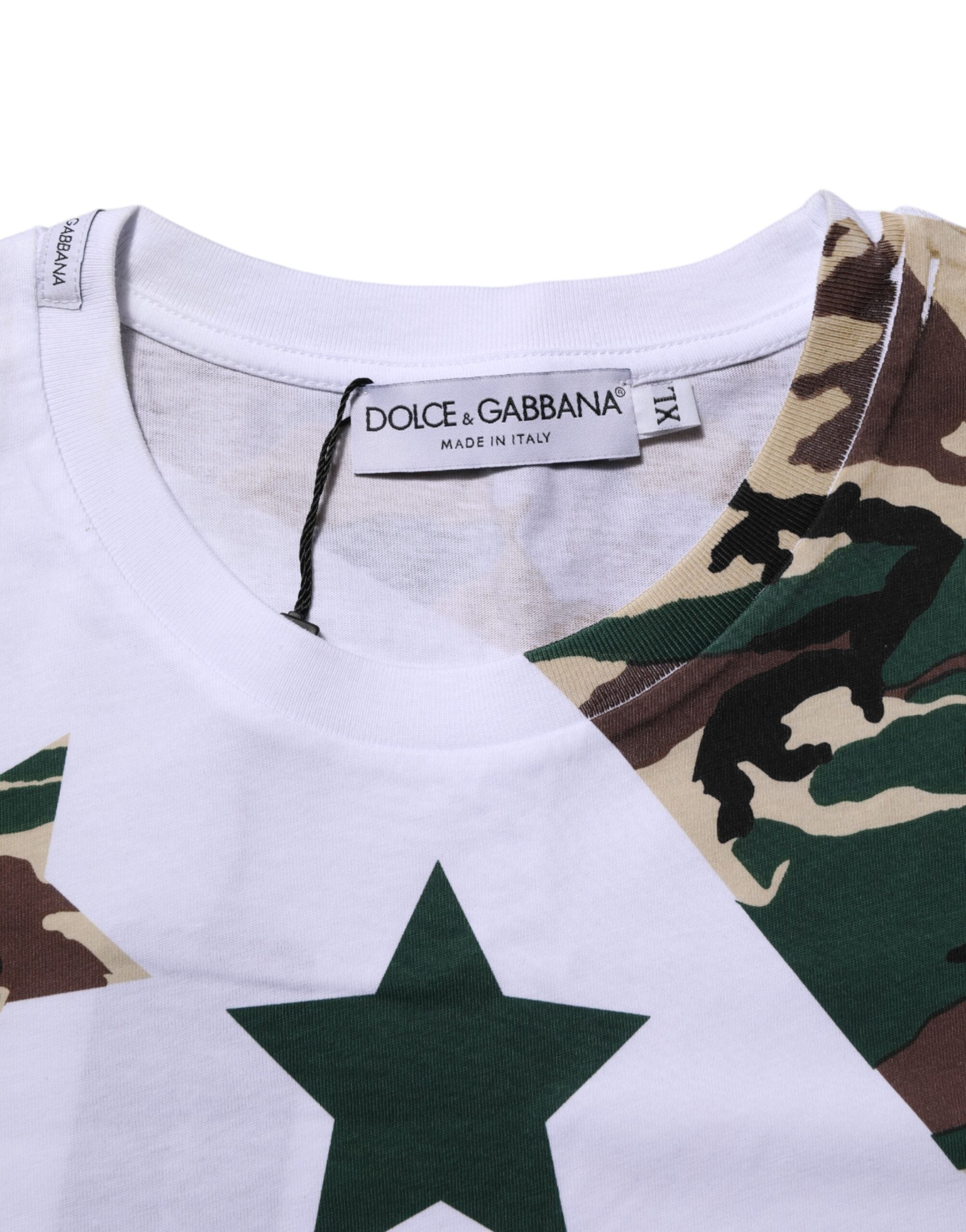 T-shirt blanc à motif camouflage en coton pour homme de Dolce & Gabbana, col rond, style décontracté.